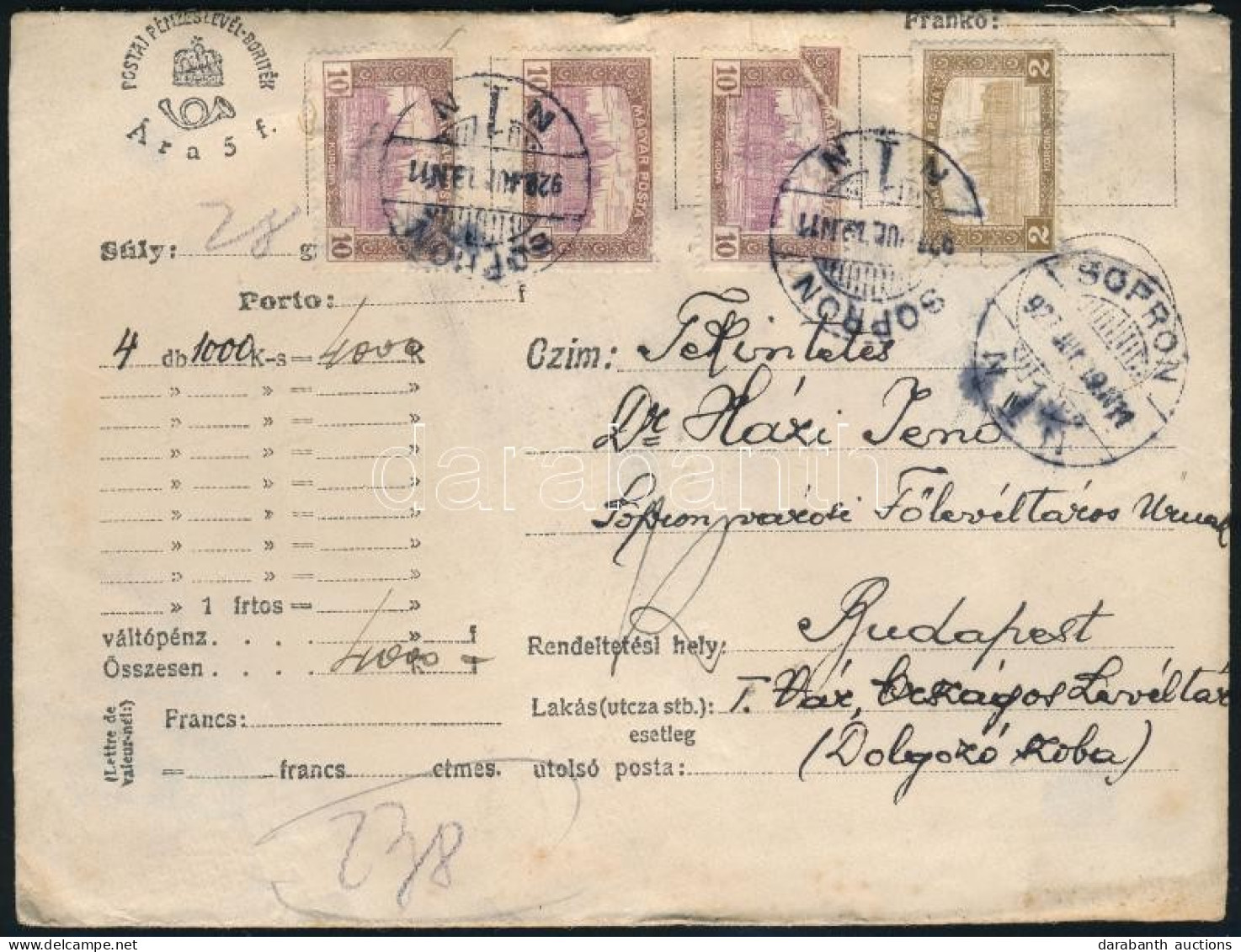 1922 Értéklevél 32K Bérmentesítéssel (1 Bélyeg Sérült) / Insured Cover With 32K Franking (1 Stamp Damaged) - Autres & Non Classés