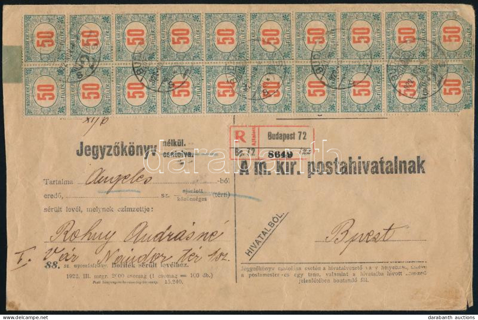1922 Külföldről Sérülten érkezett Levelek átcsomagolására Szolgáló Ajánlott Boríték Portó 50f 20-as Tömbbel / Registered - Other & Unclassified