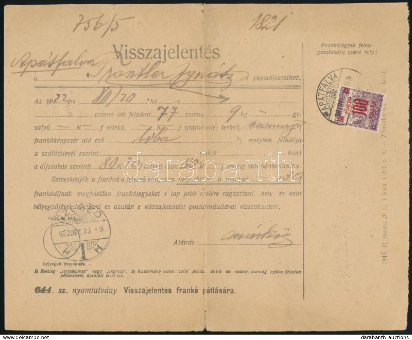 1922 Vissazjelentés Frankó Pótlására 100f Portóval / Printed Matter With Postage Due - Autres & Non Classés