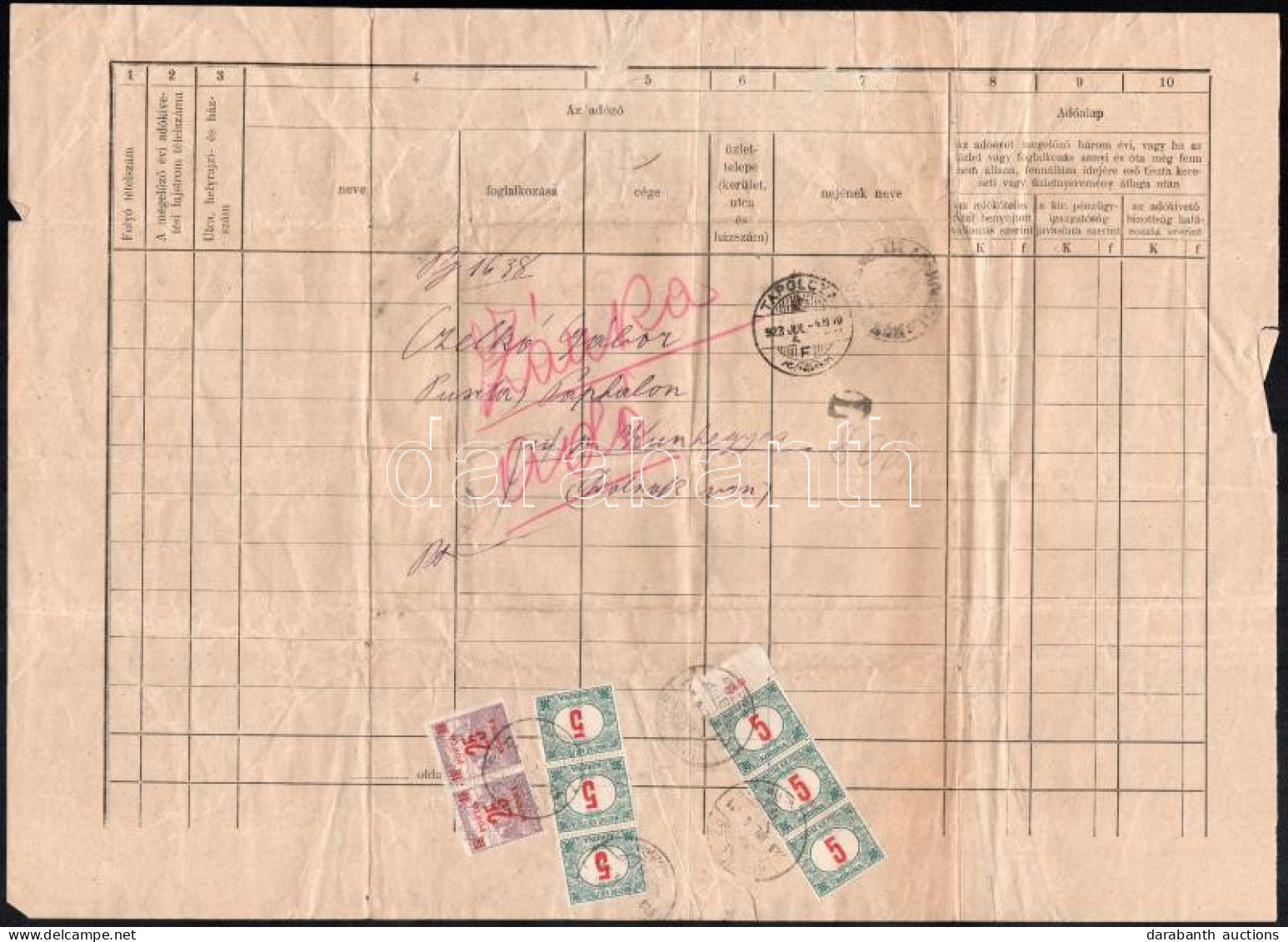 1923 Nagy Méretű Nyomtatvány Adózásról 8 Db Portó Bélyeggel Ellátva / Printed Matter With Postage Due Stamps "TAPOLCZA"  - Autres & Non Classés