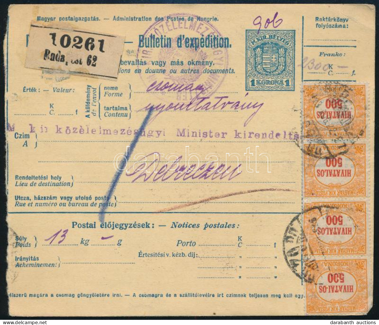 1923 Csomagszállító 7 Db Hivatalos Bélyeggel, Közte Hármaslyukasztásúak, Budapestről Debrecenbe / Parcel Card With 7 Off - Sonstige & Ohne Zuordnung