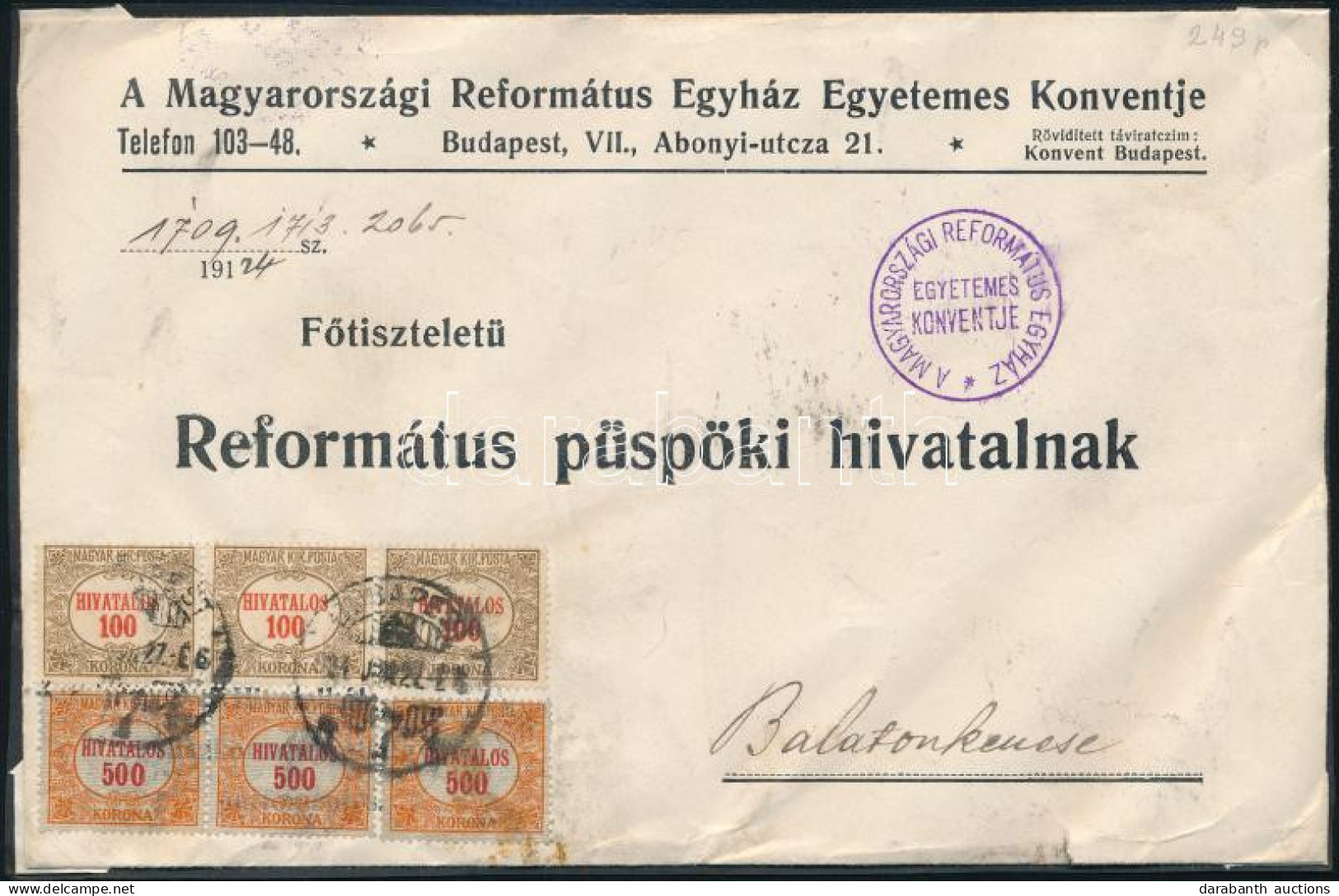 1924 Levél 6 Db Hivatalos Bélyeggel / Cover With Official Stamps "BUDAPEST" - Balatonkenese - Other & Unclassified