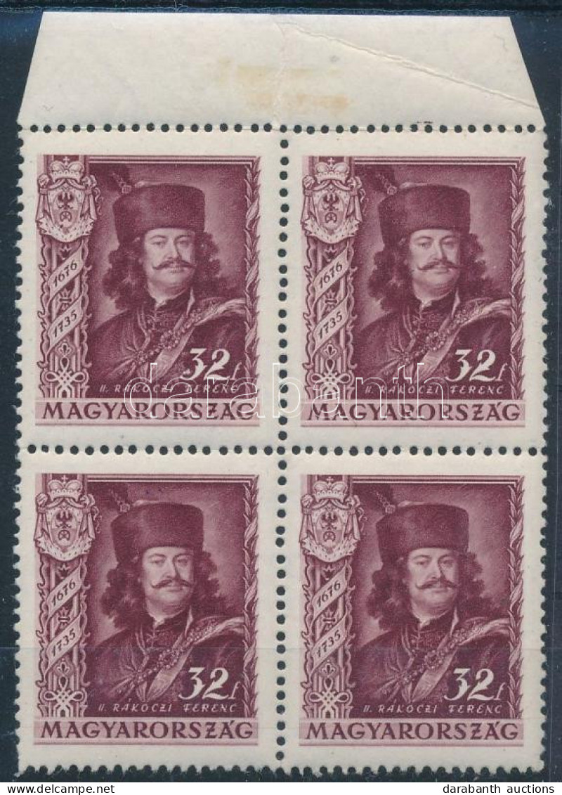 ** 1935 II. Rákóczi Ferenc 32f ívszéli Négyestömb "fehér Folt" Lemezhibával (falc Az ívszélen) / Mi 520 Block Of 4 With  - Other & Unclassified