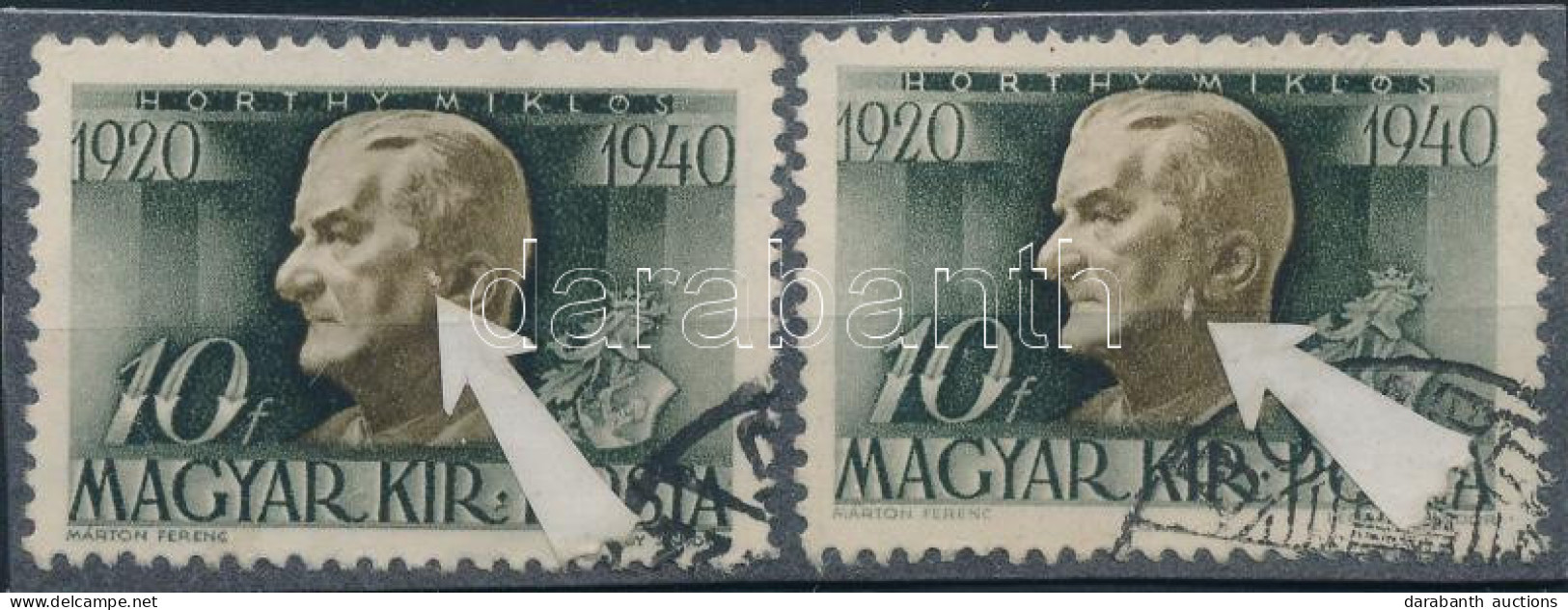 O 1940 Kormányzói 20 éves évforduló 2 Db 10f Lemezhibákkal / 2 X Mi 628 With Plate Varieties - Sonstige & Ohne Zuordnung