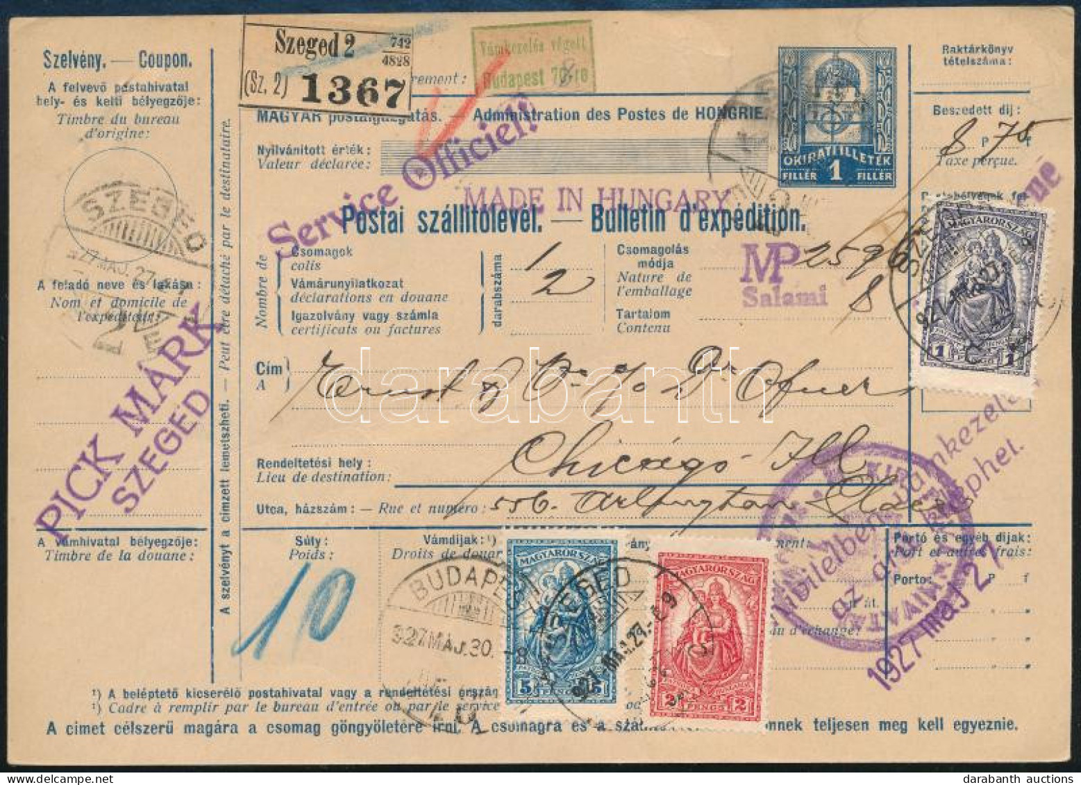 1927 Teljes Csomagszállító 8,75P Bérmentesítéssel Az Egyesült Államokba, Közte Keskeny Madonna Sor / Complete Parcel Car - Other & Unclassified