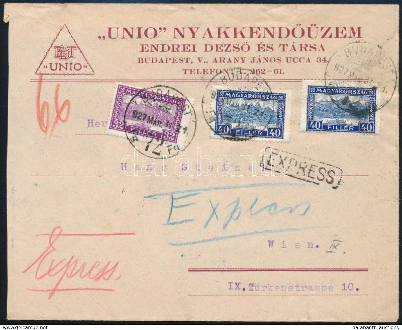 1927 Túlsúlyos Expressz Céges Levél 1,12P Bérmentesítéssel Bécsbe / Overweight Express Business Cover To Vienna - Sonstige & Ohne Zuordnung