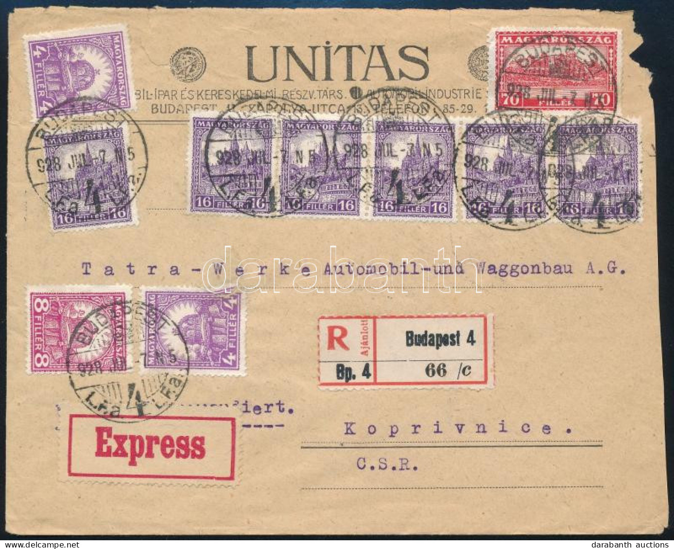 1928 Ajánlott Expressz Levél 10 Db Bélyeggel Csehszlovákiába / Registered Express Cover With 10 Stamps To Ceskoslovakia - Sonstige & Ohne Zuordnung