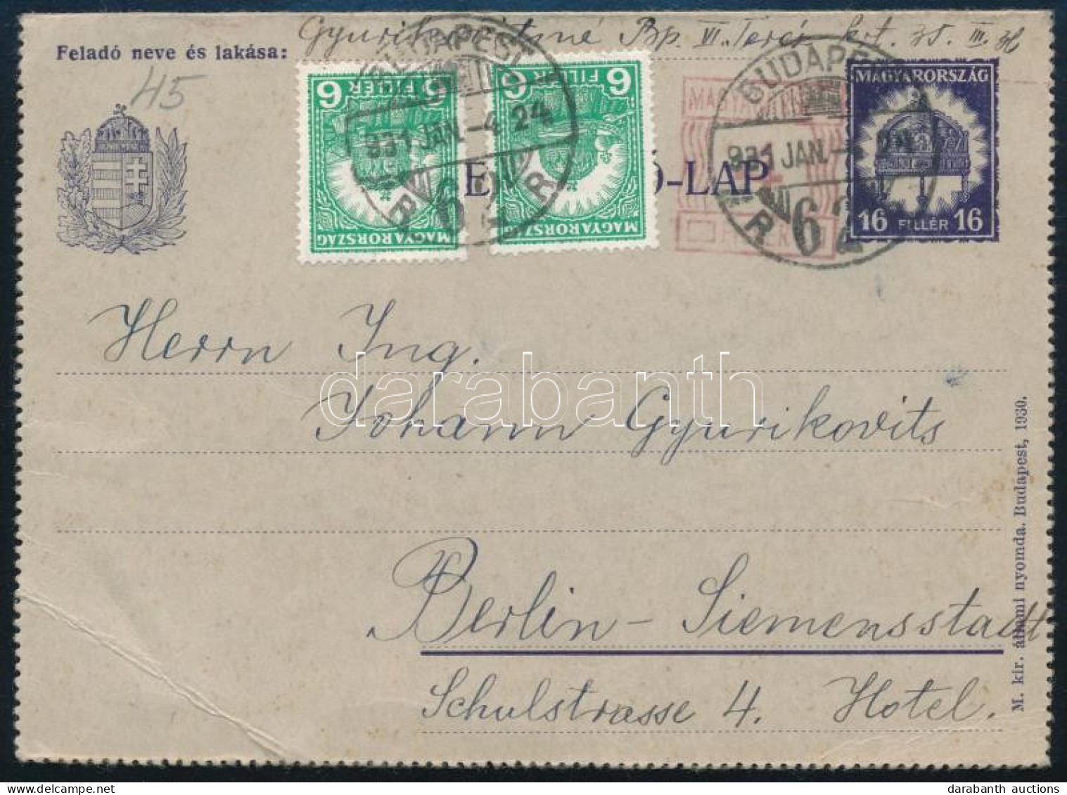 1931 Díjkiegészített Díjjegyes Zárt Levelezőlap Berlinbe / PS-cover Card With Additional Franking To Berlin - Andere & Zonder Classificatie
