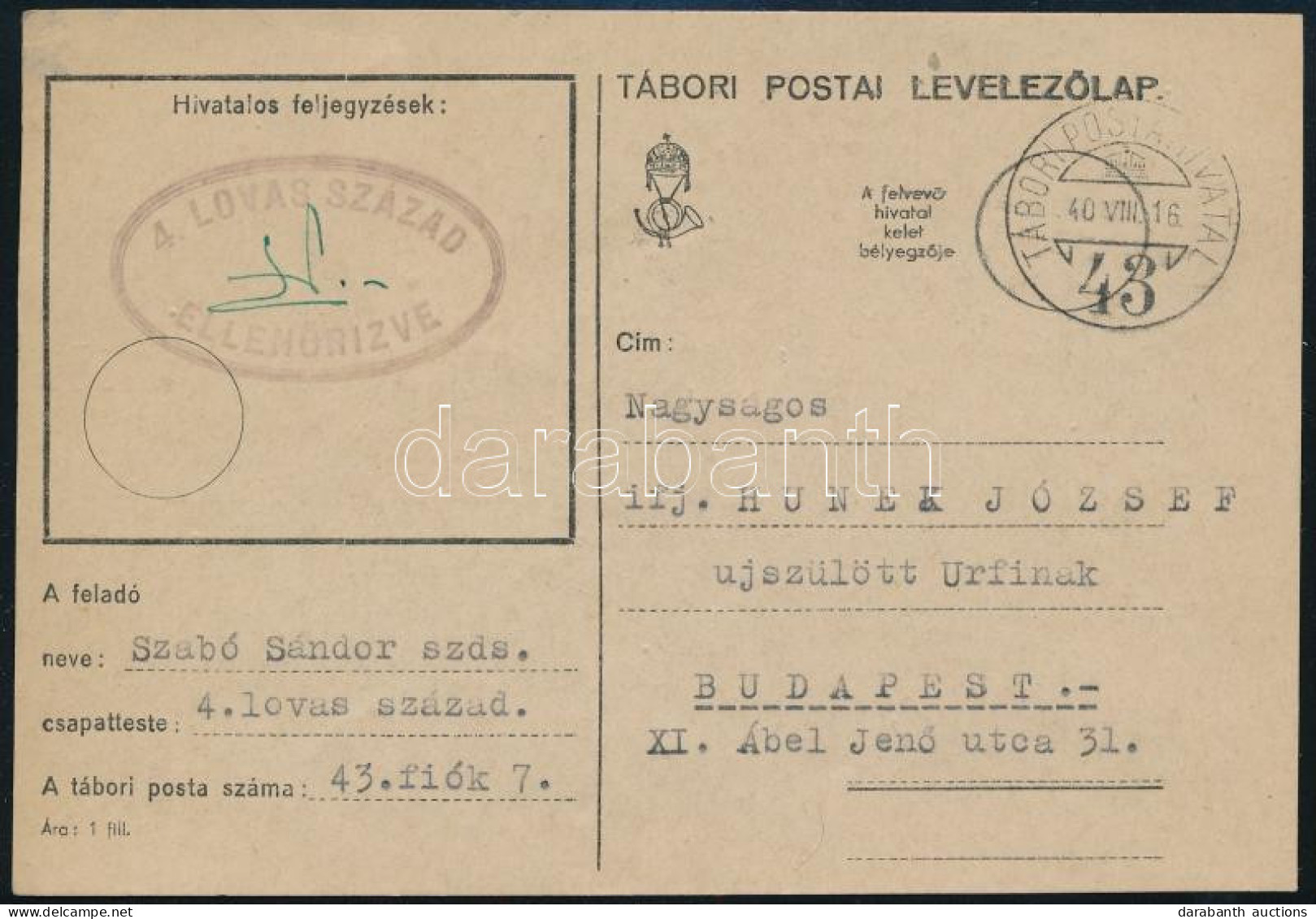 1940 Tábori Posta Levelezőlap / Field Postcard "4. LOVAS SZÁZAD" - Andere & Zonder Classificatie