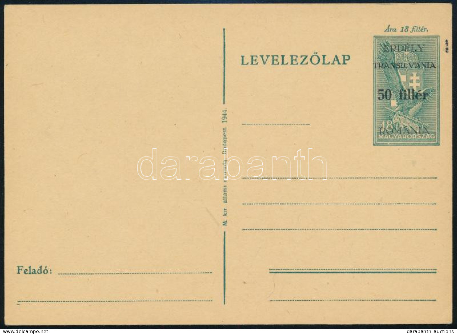Székelyudvarhely 1944 Felülnyomott Díjjegyes Levelezőlap, Használatlan / Unused Overprinted PS-card. Signed: Bodor - Autres & Non Classés