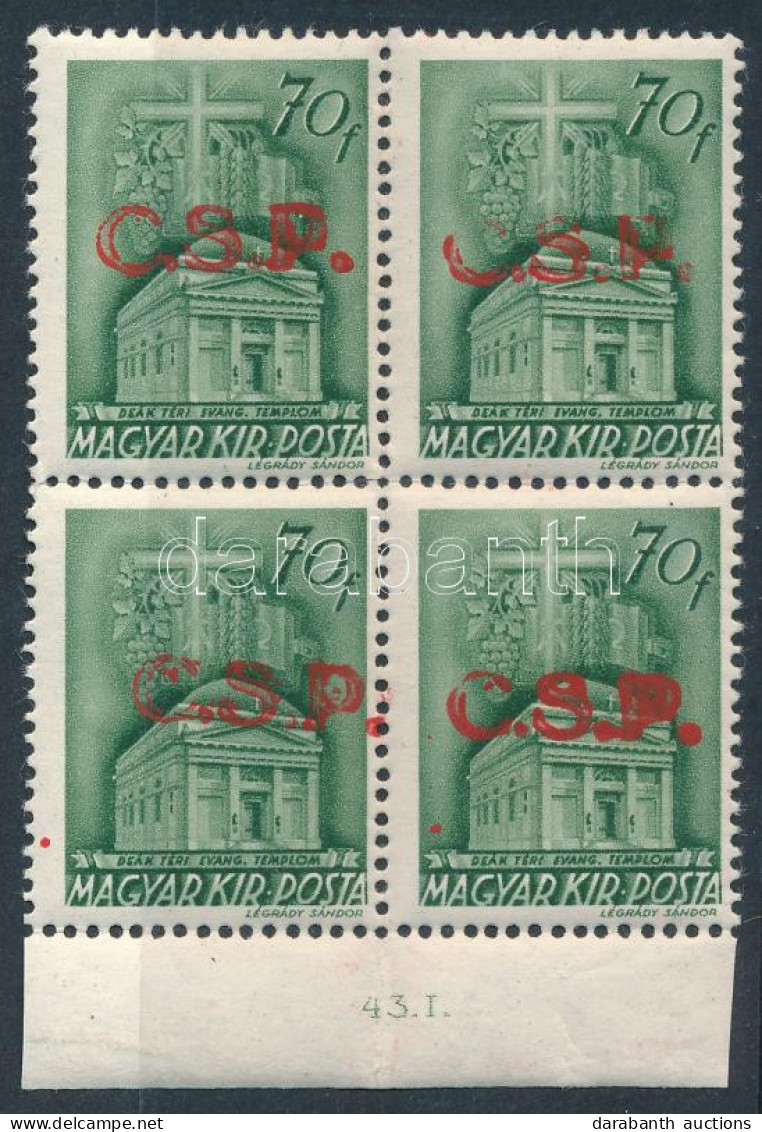 ** Rimaszombat I. 1945 Templom 70f ívszéli Négyestömb, ívszéli Dátummal / Unit. Signed: Bodor (12.000) - Andere & Zonder Classificatie