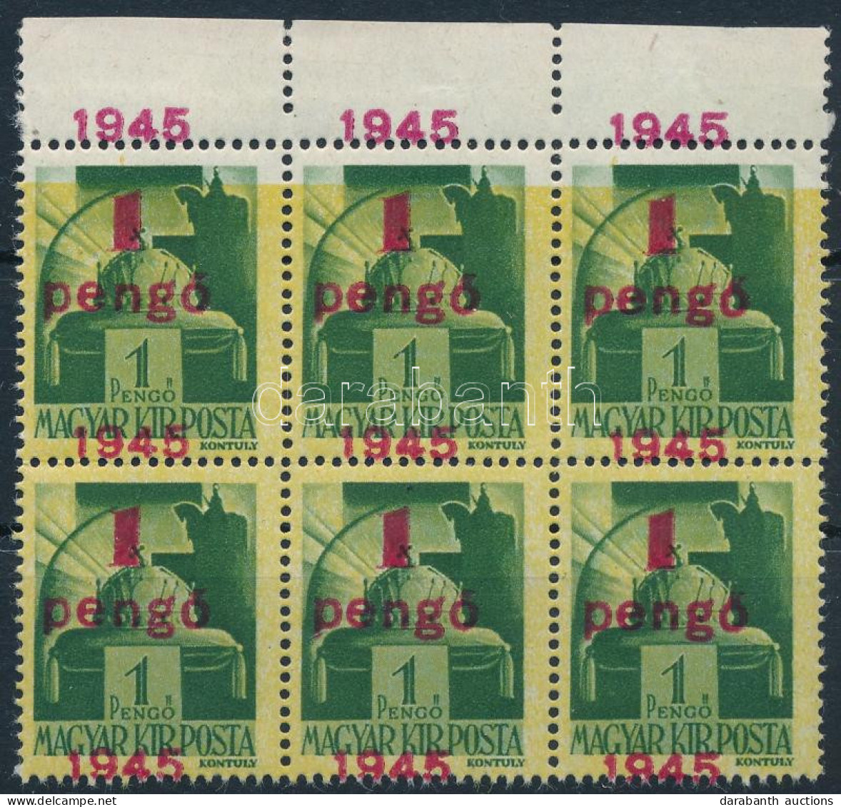 ** 1945 Kisegítő 1P/1P ívszéli Hatostömb Nagyon Látványosan Eltolódott Felülnyomással / Mi 800 Margin Block Of 6 With Sh - Autres & Non Classés