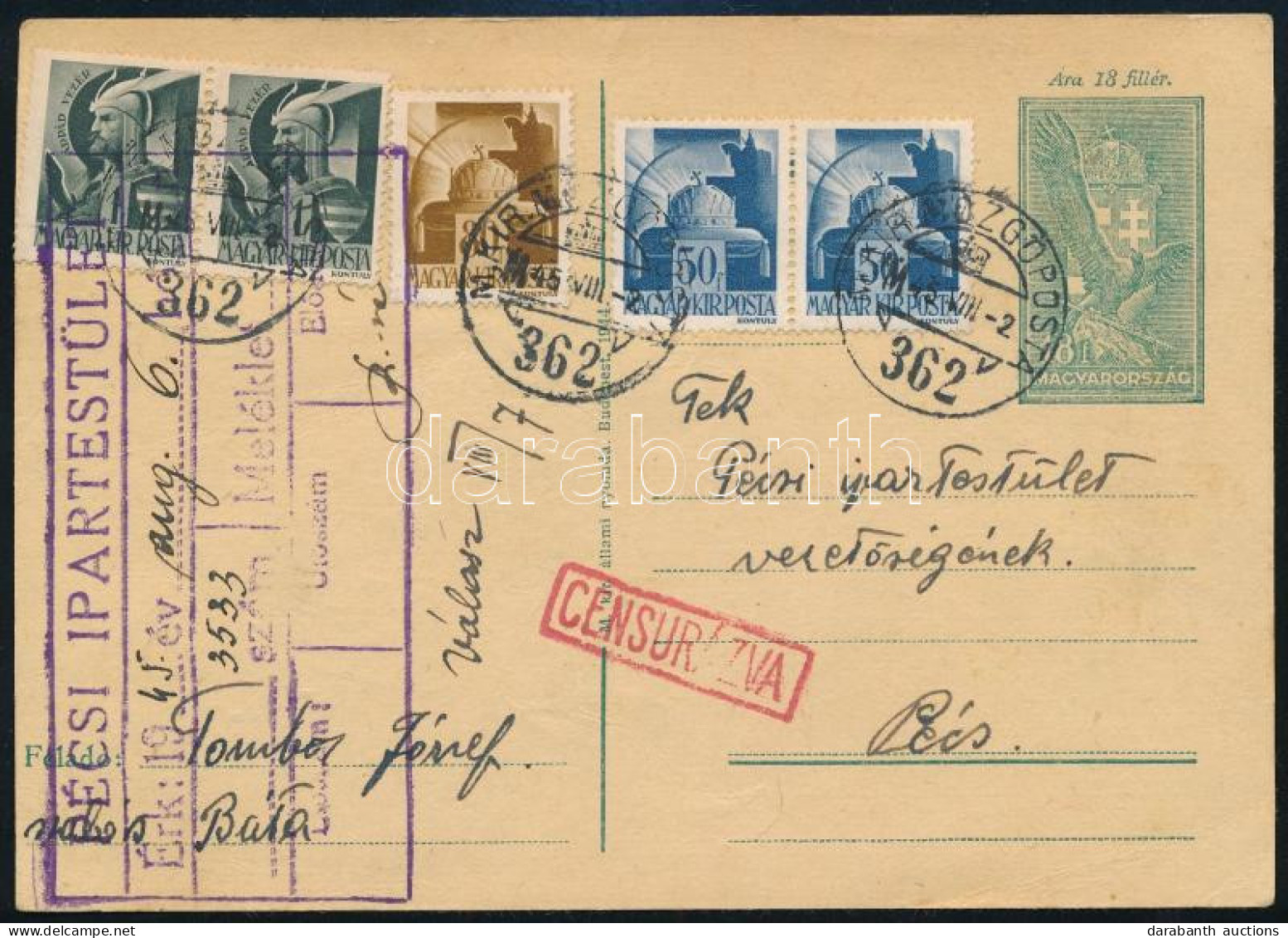 1945 (2. Díjszabás) Cenzúrázott Levelezőlap 5 Db Infláció Előtti Bélyeggel / Censored Postcard With 5 Stamps - Sonstige & Ohne Zuordnung