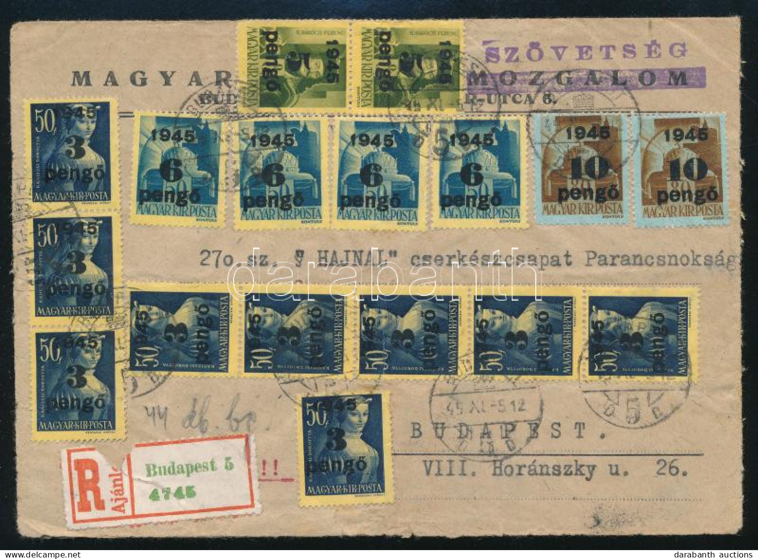 1945 (3. Díjszabás) Ajánlott Budapest Helyi Levél 44 Db Bélyeggel / Registered Local Cover With 44 Stamps - Altri & Non Classificati