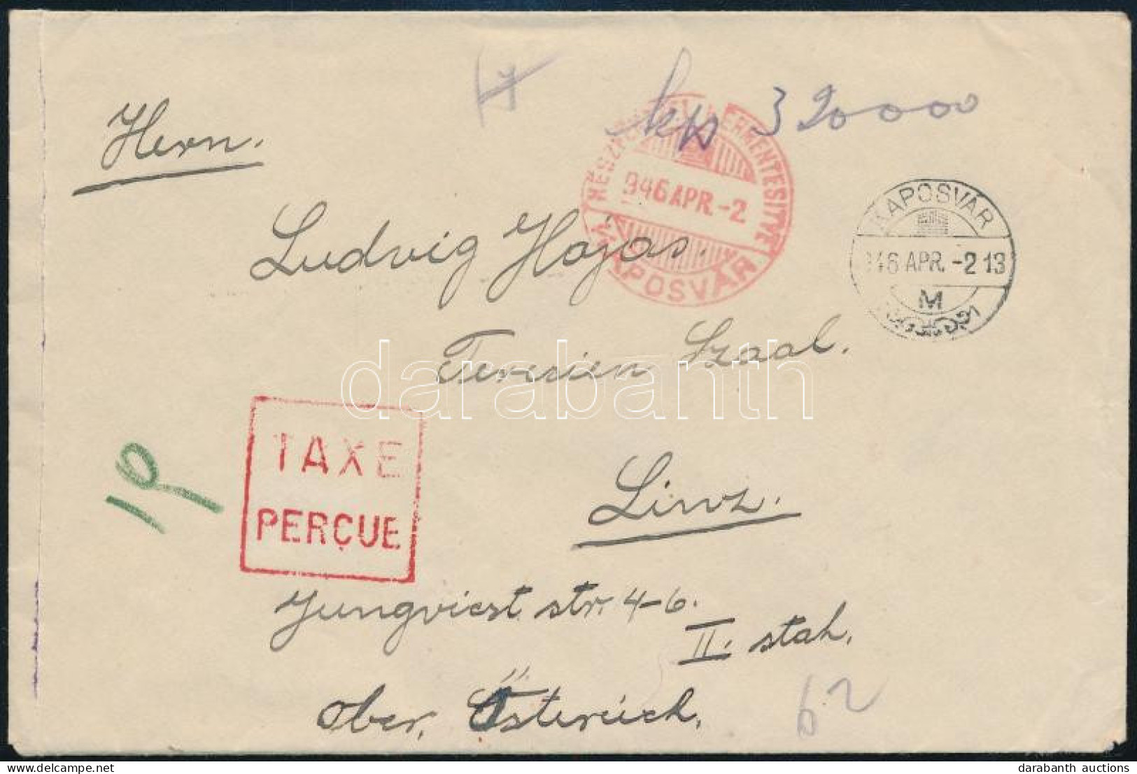 1946 (11. Díjszabás) Külföldre Küldött Levél 320.000P Készpénzes Bérmentesítéssel / Cover With Handwritten Franking "KAP - Altri & Non Classificati
