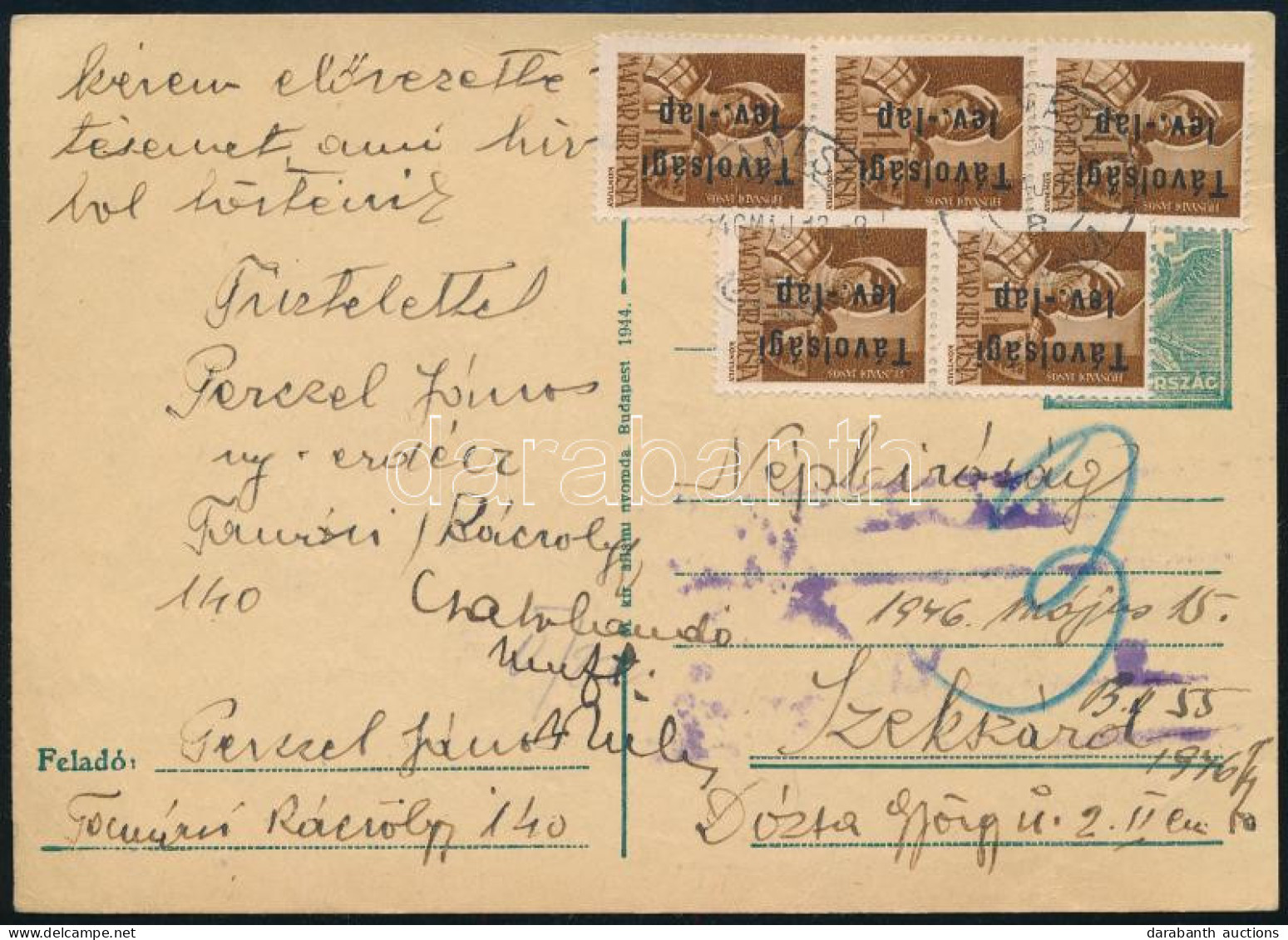 1946 (15. Díjszabás) Levelezőlap 5 Db Távolsági Bélyeggel Szekszárdra / Postcard With 5 Stamps - Autres & Non Classés