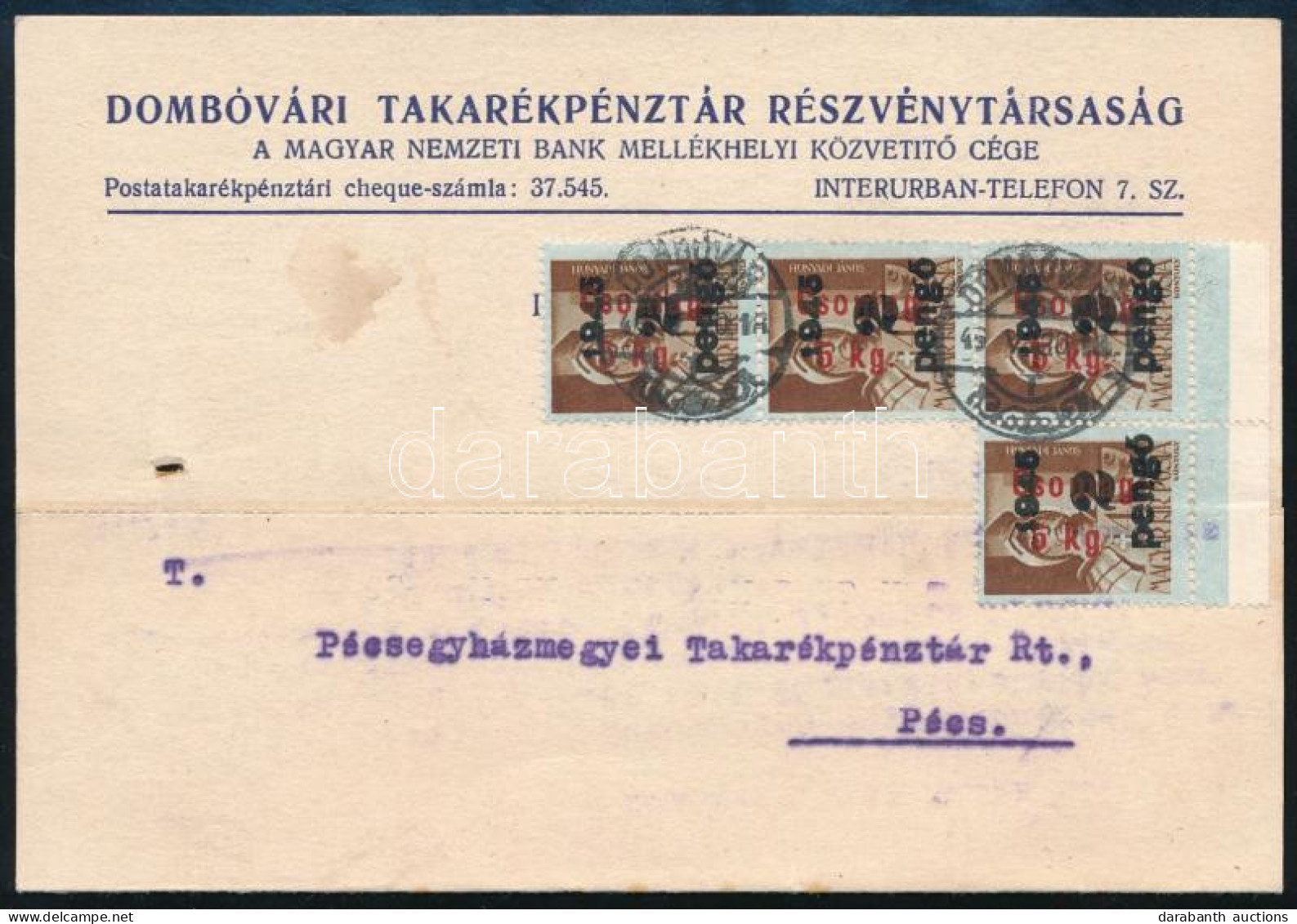 1946 (16. Díjszabás) Levelezőlap Dombóvárról Pécsre - Other & Unclassified