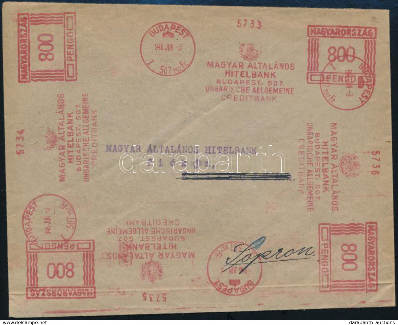 1946 (18. Díjszabás) Távolsági Levél 400 000 000P Bérmentesítéssel Budapestről Sopronba, 5 X 800P Méteres Bélyegző (100. - Other & Unclassified