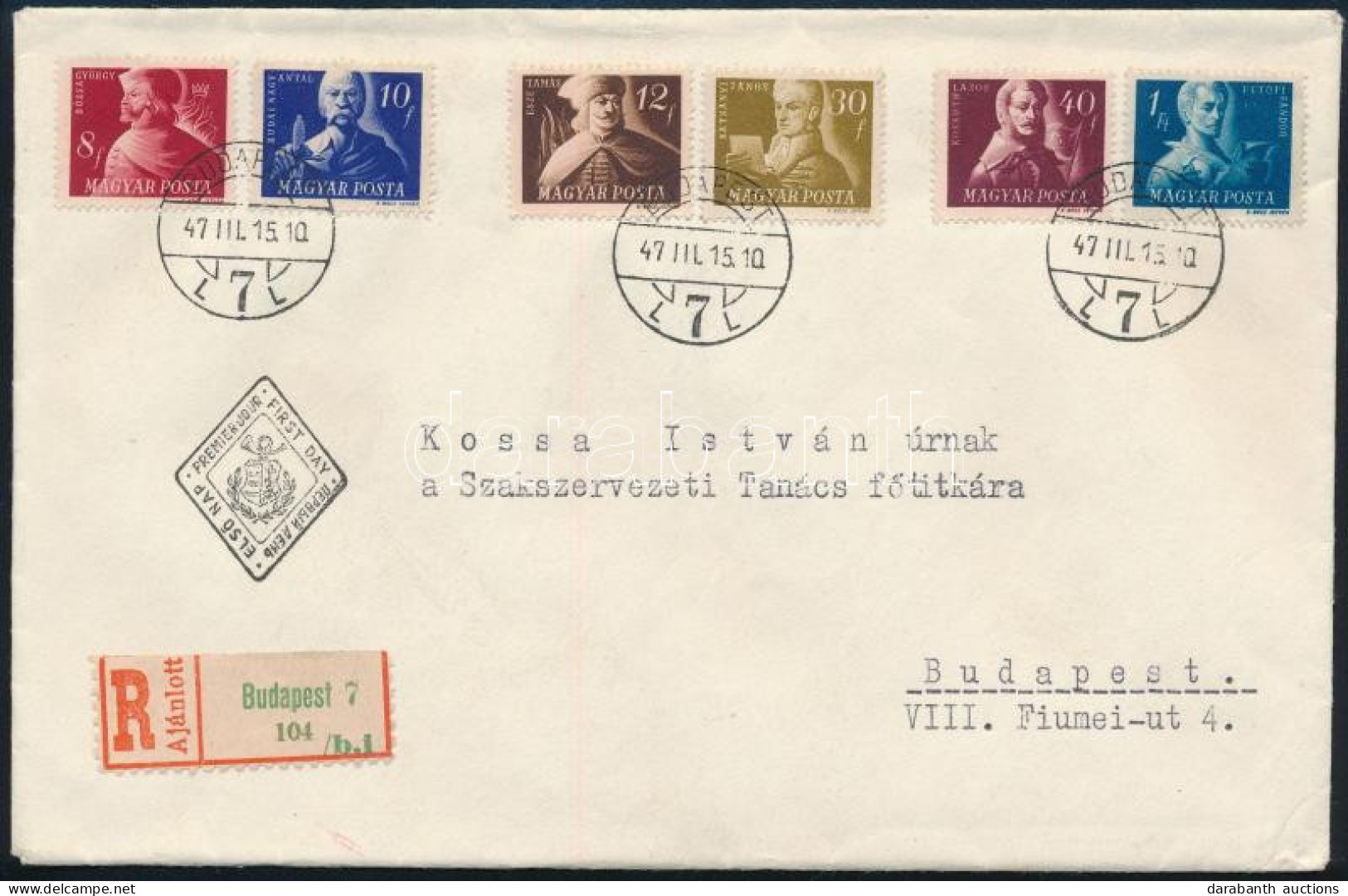 1947 Szabadsághőseink Sorból 6 érték Ajánlott Helyi FDC-n / Registered Local FDC - Andere & Zonder Classificatie