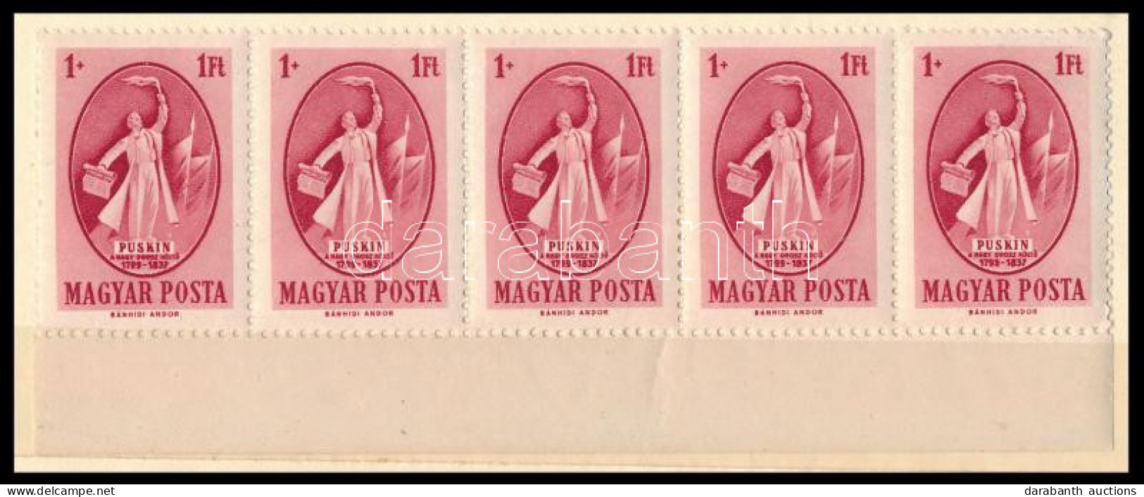 ** 1948 Szakszervezet Kisív + 1949 Puskin 5-ös Csík (18.500) / Mi 1035 Mini Sheet + 1039 Stripe Of 5 - Other & Unclassified