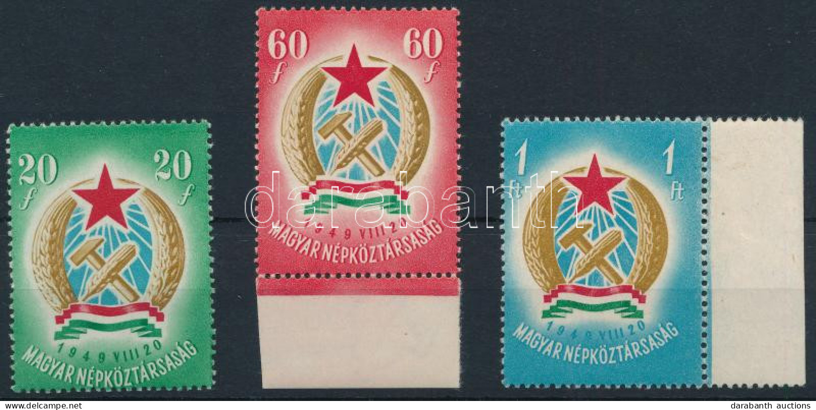 ** 1949 Alkotmány I. Sor Makkos Vízjellel, A 20f és 60f Elfogazva (25.000) / Mi 1053-1055Ya Factory Watermark Oak Leaves - Autres & Non Classés