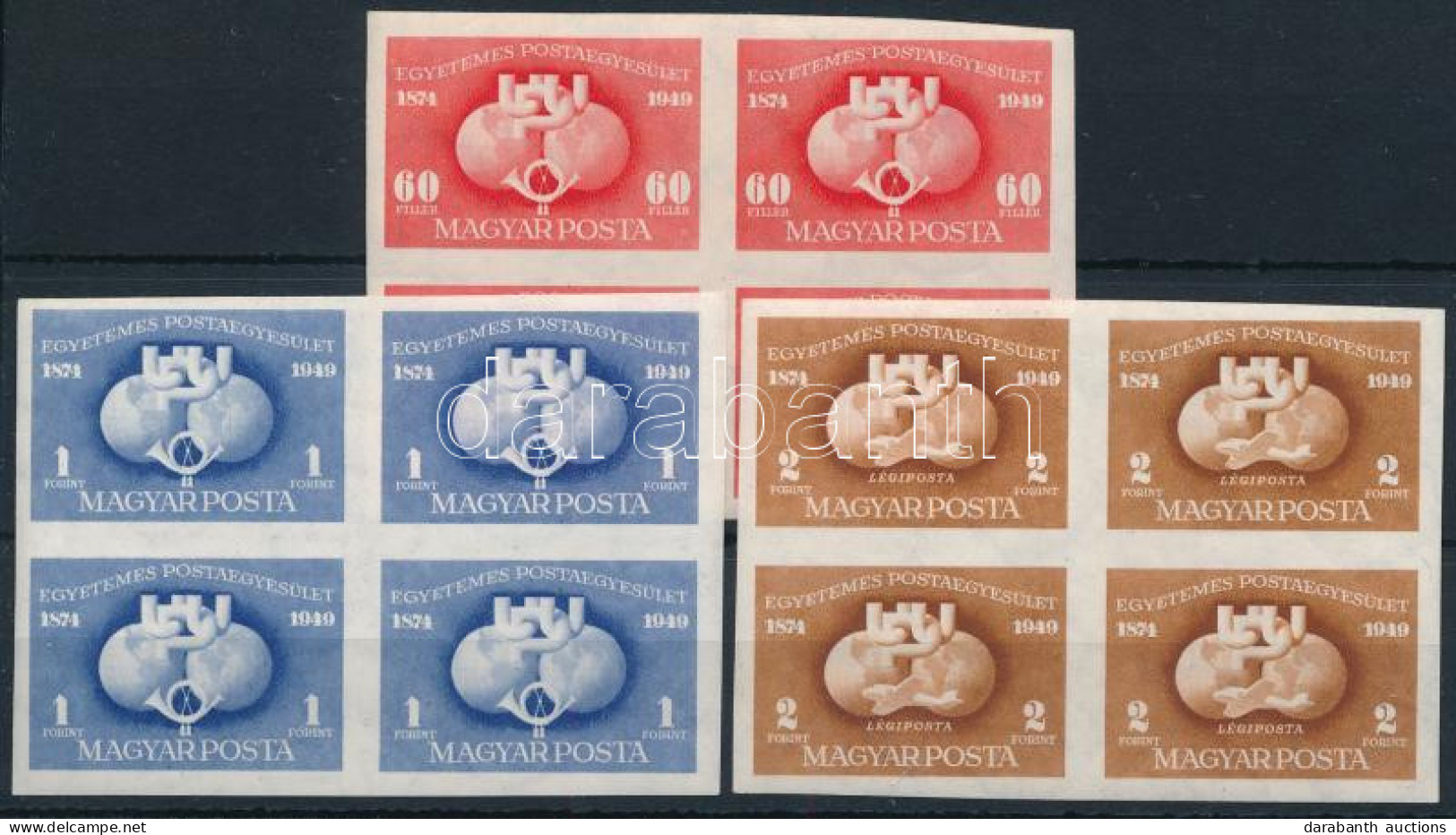 ** 1949 UPU (I.) Vágott Sor 4-es Tömbökben / Mi 1056-1058 Imperforate Set Blocks Of 4 (60f Betapadás / Gum Disturbance) - Other & Unclassified