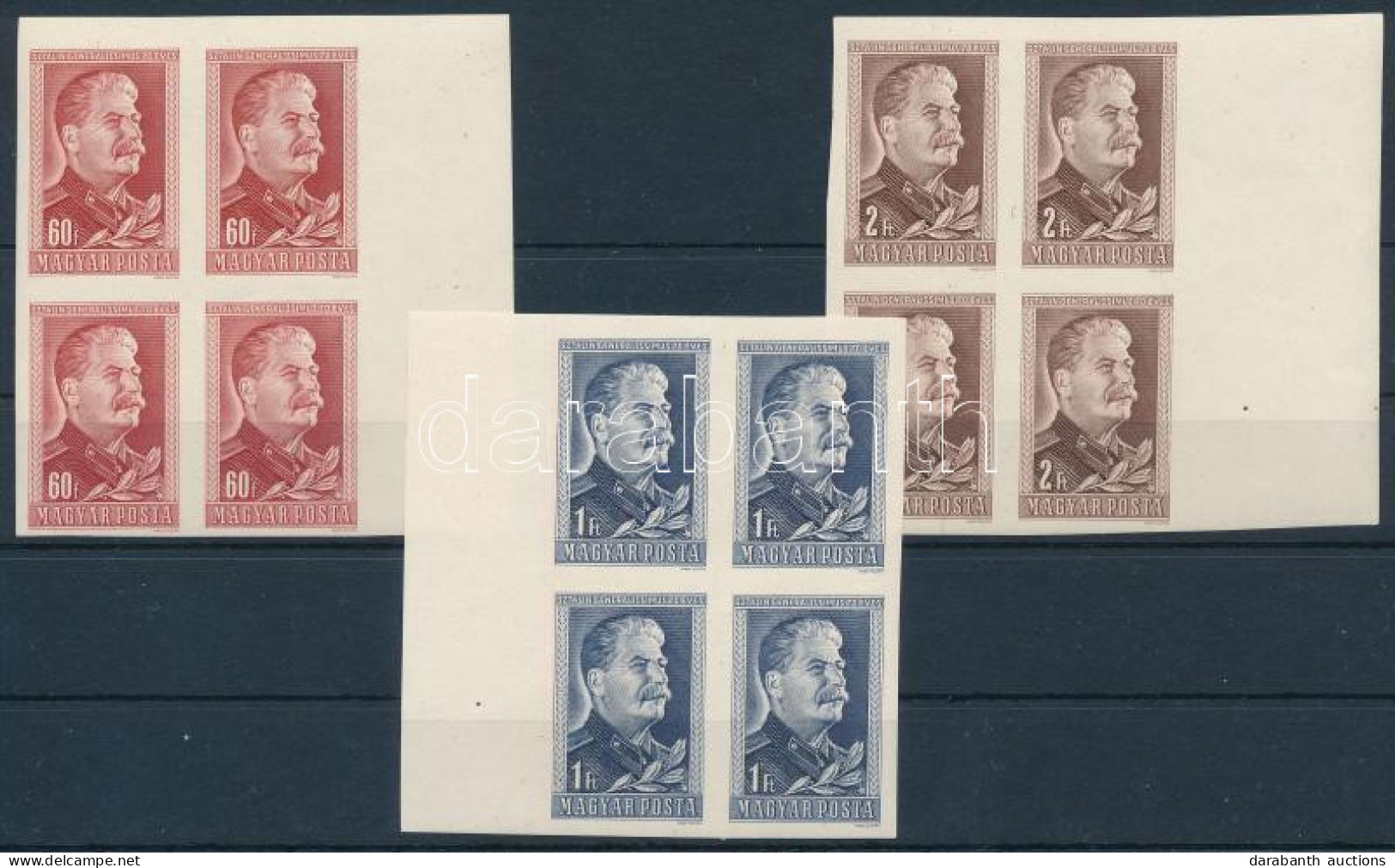 ** 1949 Sztálin Vágott Teljes ívből Származó ívszéli 4-es Tömbök (22.000) / Mi 1066-1068 Imperforate Blocks Of 4 With Ma - Sonstige & Ohne Zuordnung