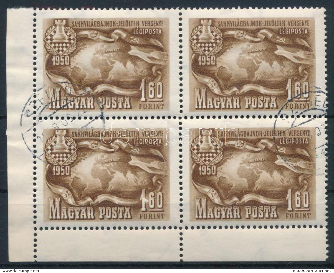 O 1950 Sakk 1,60Ft ívsarki Négyestömb Lemezhibával / Mi 1094 Corner Block Of 4 With Plate Variety - Otros & Sin Clasificación