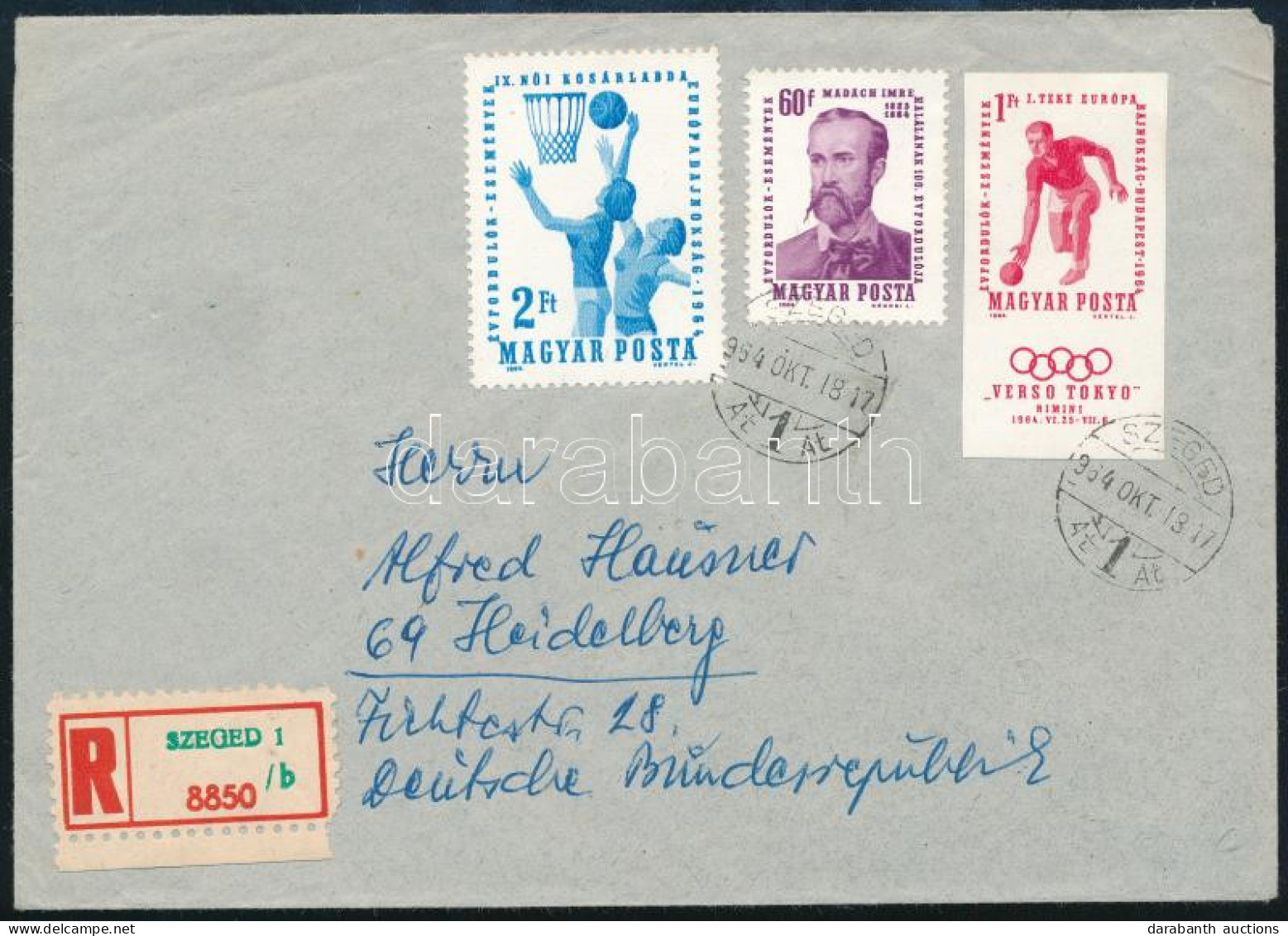 1964 Ajánlott Levél Teke EB Vágott Szelvényes Bélyeggel Szegedről Németországba / Mi 2041 Imperforate Stamp With Tab On  - Other & Unclassified