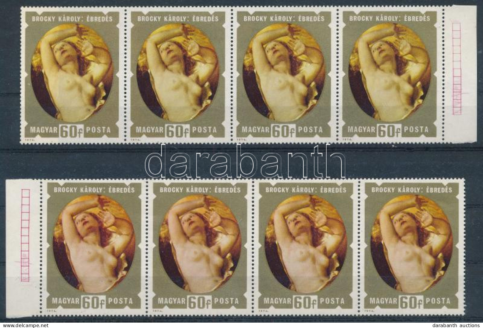 ** 1974 Festmények XII. 2 Db 60f Négyescsík Látványos Színeltéréssel / 2 X Mi 2970 Stripe Of 4 In Different Colour Shade - Autres & Non Classés