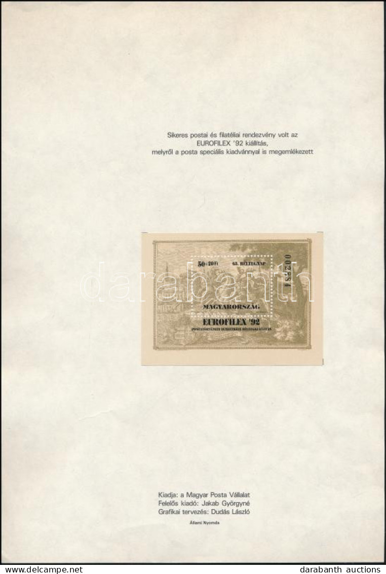 1992 Bélyegnap (65.) - EUROFILEX Ajándék Blokk Emléklapon, Postai Kiadvány Melléklete / Mi Block 221, Present Of The Pos - Autres & Non Classés