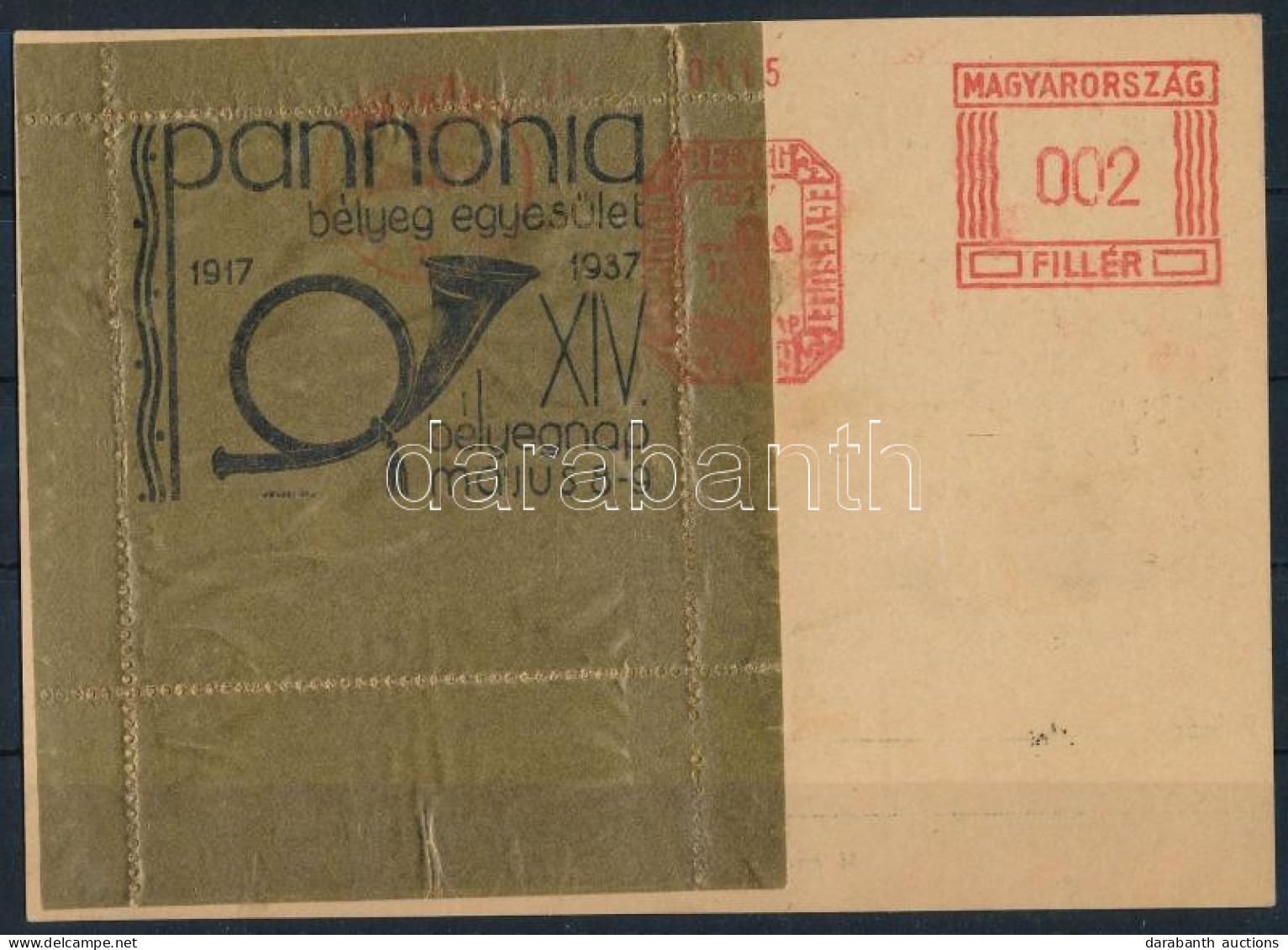 1937 Pannónia Emlékív Arany Színben Levelezőlapon. Rendkívül Ritka! / Souvenir Sheet On Postcard - Autres & Non Classés