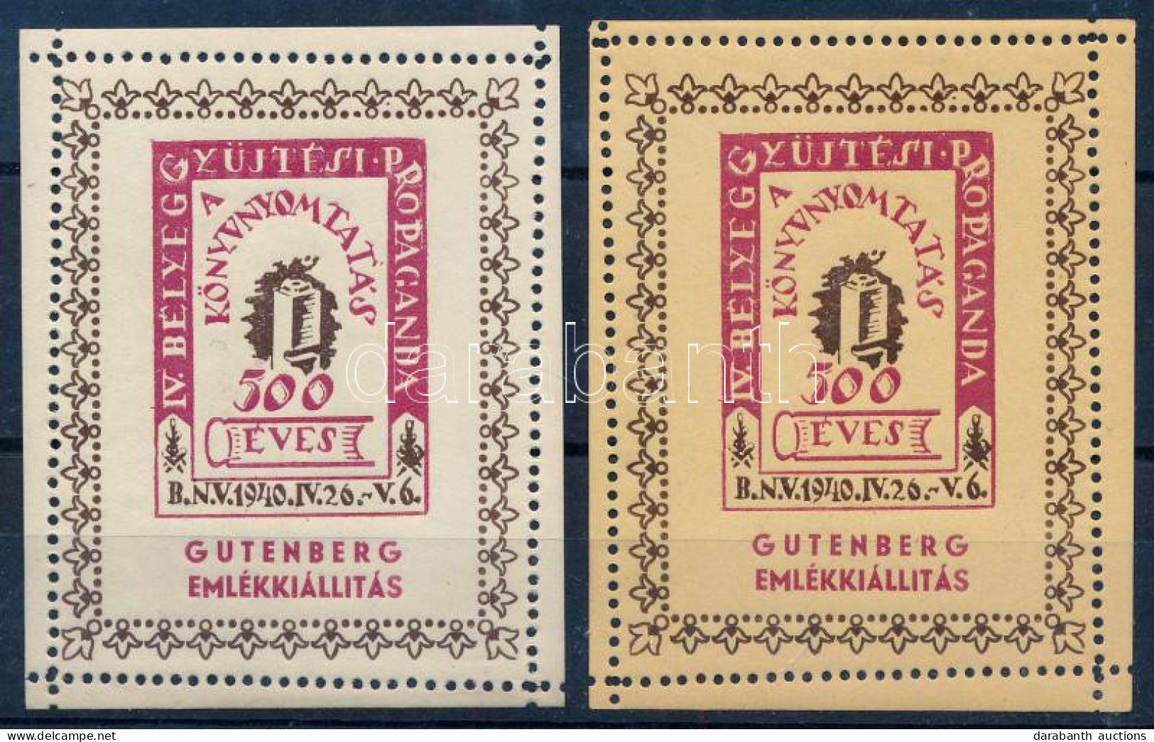 ** 1940/8aa + 8ba IV. Bélyeggyűjtési Propaganda - Gutenberg Emlékív Blokk (20.000) / Souvenir Sheet Pair - Autres & Non Classés