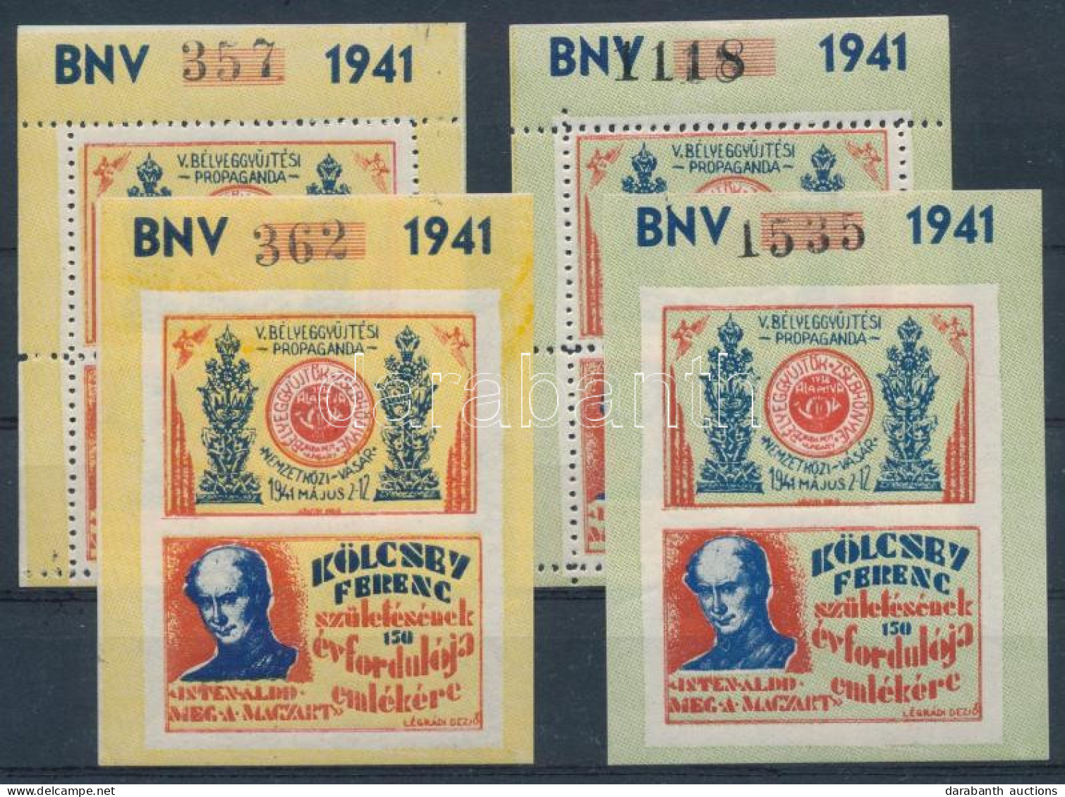 ** 1941/5aa +ab + Ba + Bb Kölcsey Ferenc 4 Db-os Emlékív Garnitúra (24.000) / Souvenir Sheet Collection With 4 Varieties - Other & Unclassified