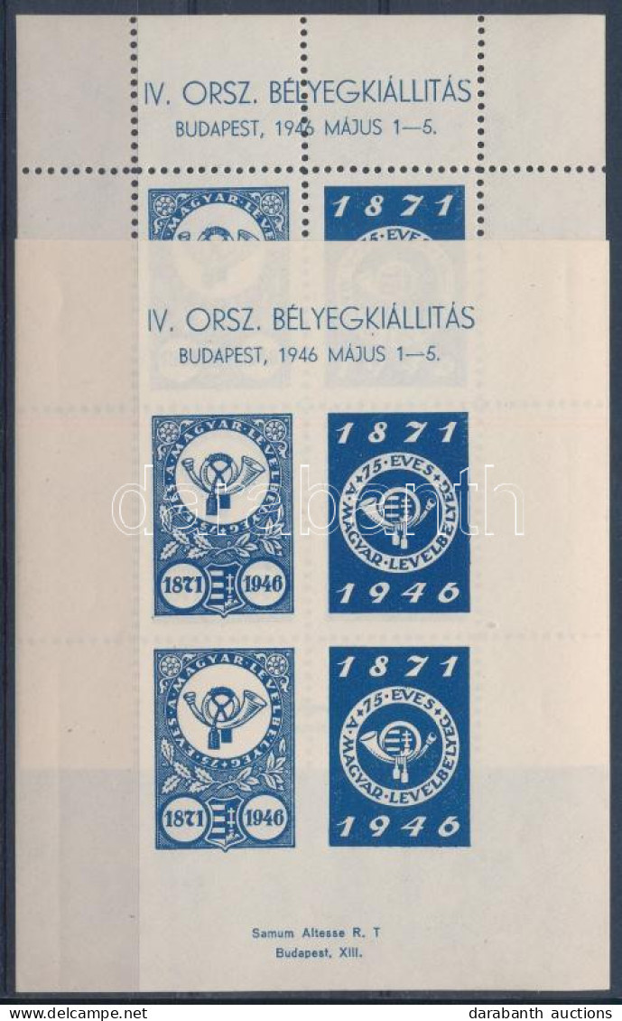** 1946/1aa+1ab IV. Országos Bélyegkiállítás Kék Fogazott és Vágott Emlékív (9.000) / Souvenir Sheet Pair - Sonstige & Ohne Zuordnung