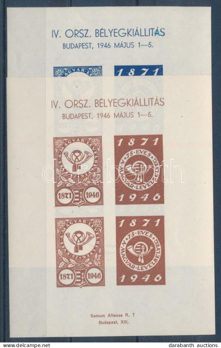 ** 1946/1ab+1bb IV. Országos Bélyegkiállítás Kék/ Barna Vágott Emlékív Pár (9.000) / Souvenir Sheet Pair - Autres & Non Classés