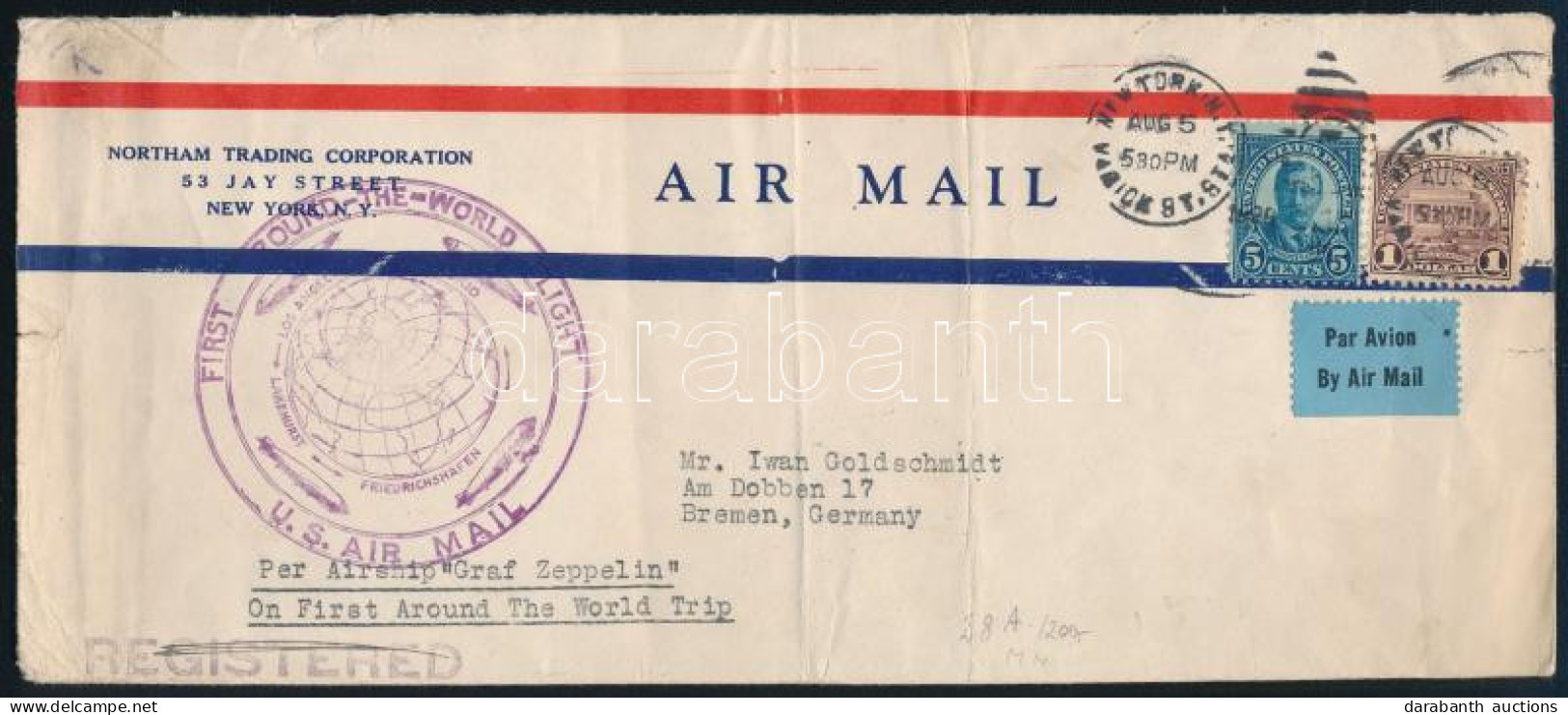1929 Zeppelin 1. Világ Körüli útja Ajánlott Levél New Yorkból Németországba / Zeppelin 1st Around The World Trip Flight  - Autres & Non Classés