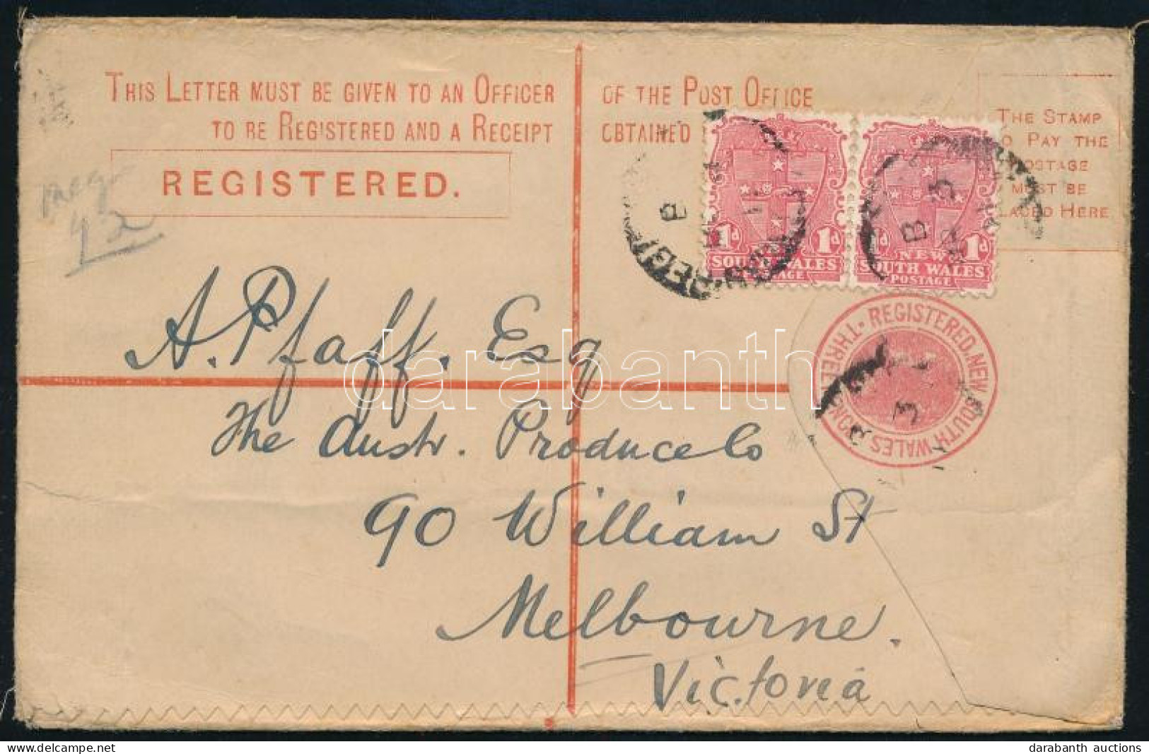 Új-Dél Wales ~1910 Ajánlott Levél / New South Wales ~1910 Registered Cover To Melbourne - Andere & Zonder Classificatie