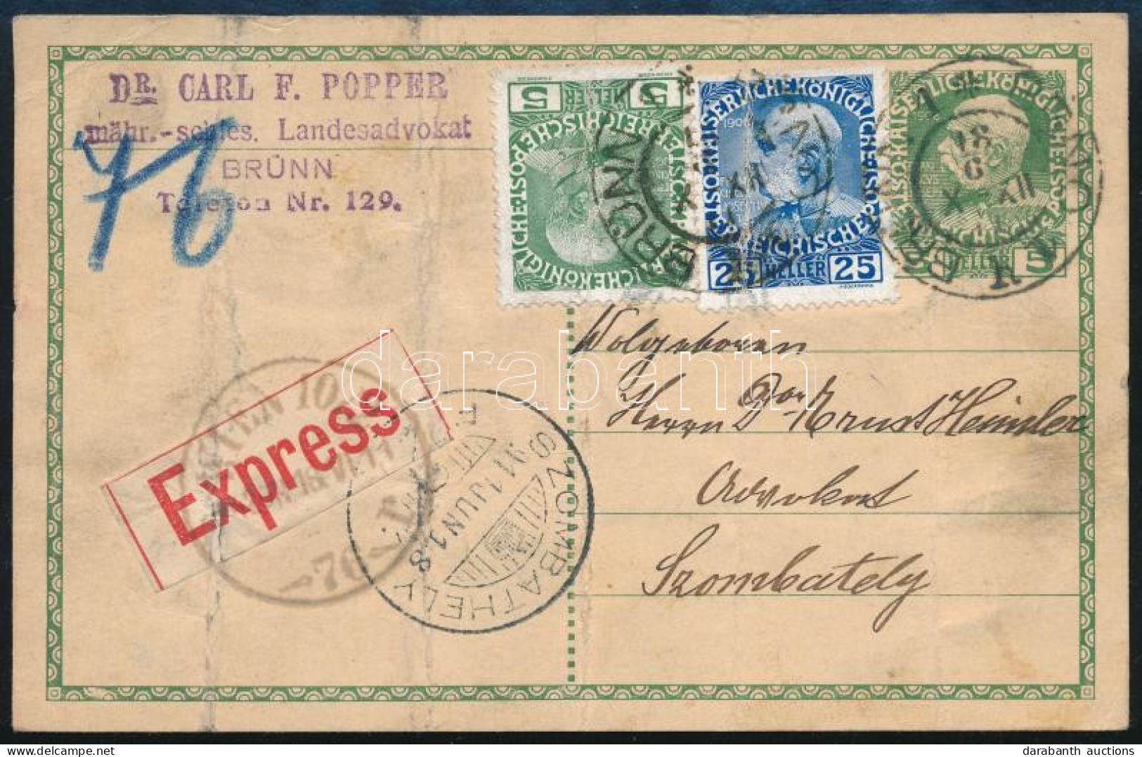 1911 Csőpostán Továbbított Expressz Levelezőlap "BRÜNN" - Szombathely / Express Postcard "BRÜNN" + "WIEN" - "SZOMBATHELY - Sonstige & Ohne Zuordnung