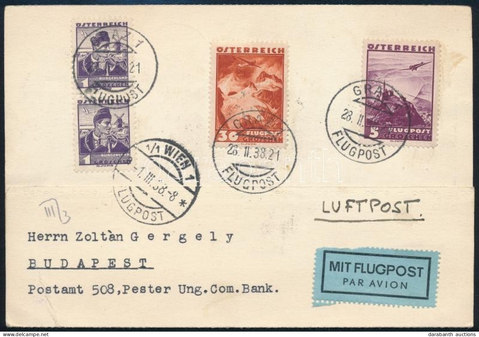 1938 Légi Levél Repülő értékekkel Bérmentesítve Budapestre / Airmail Cover To Budapest - Other & Unclassified