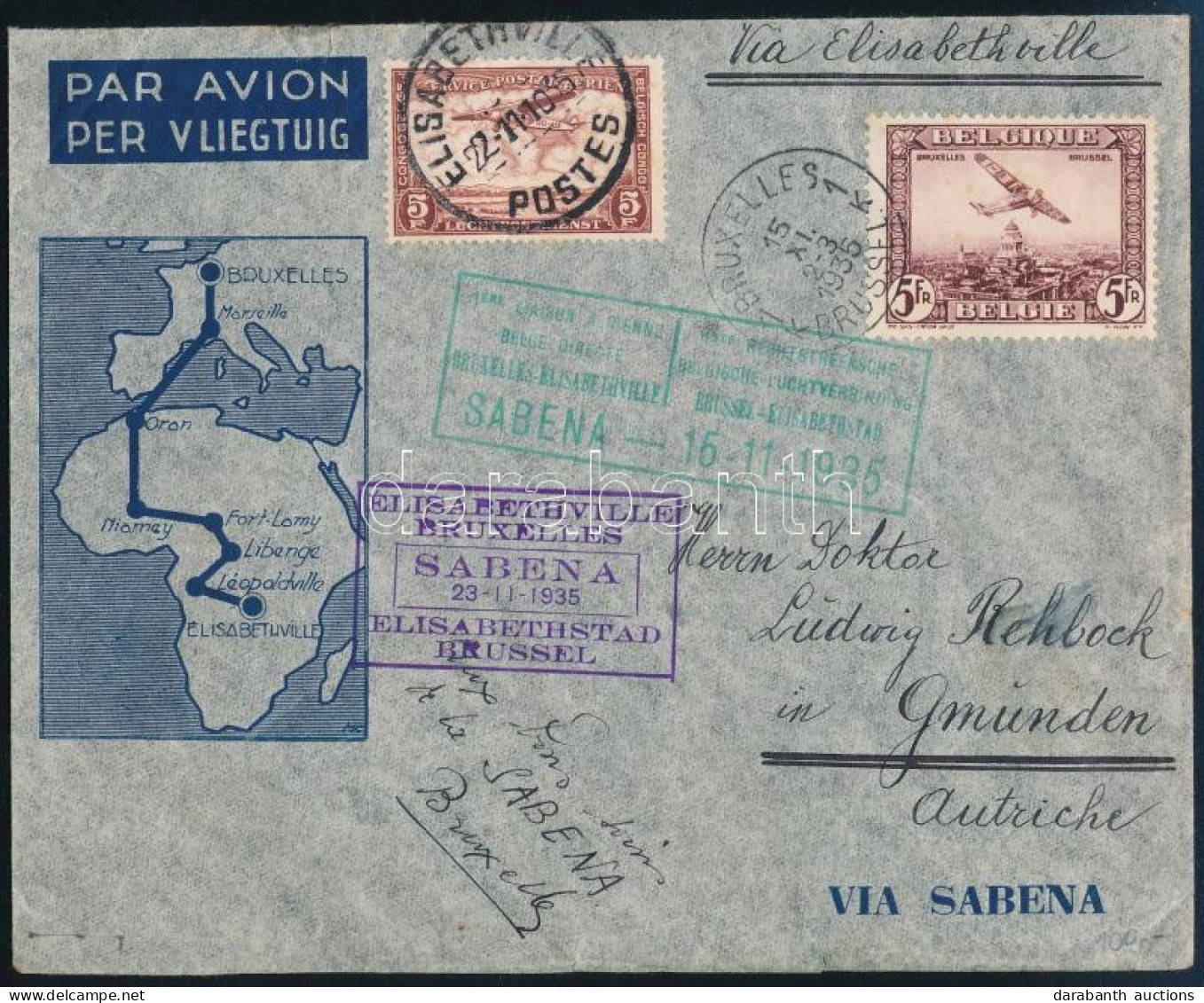 1935 Légi Levél Ausztriába / Airmail Cover To Austria "BRUXELLES" + ELISABETHVILLE" - "WIEN" - Andere & Zonder Classificatie