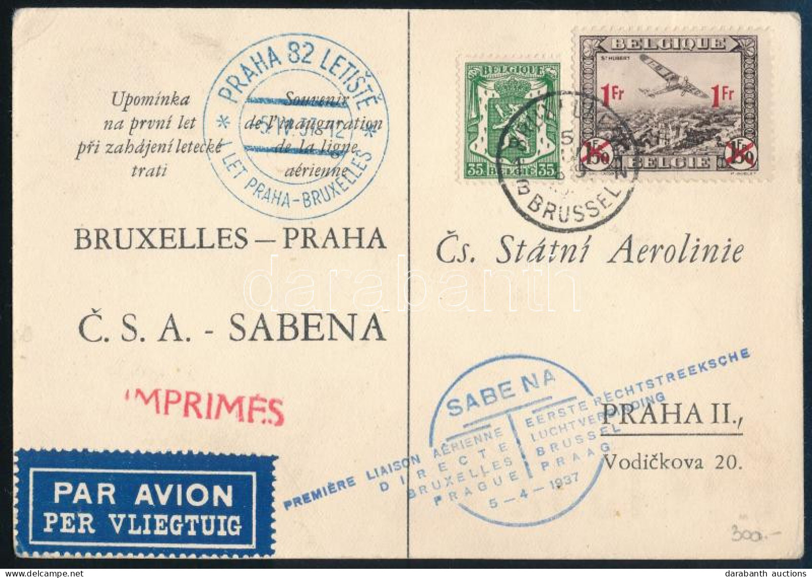 1937 Légi Levelezőlap Brüsszelből Prágába / Airmail Postcard To Praha - Sonstige & Ohne Zuordnung