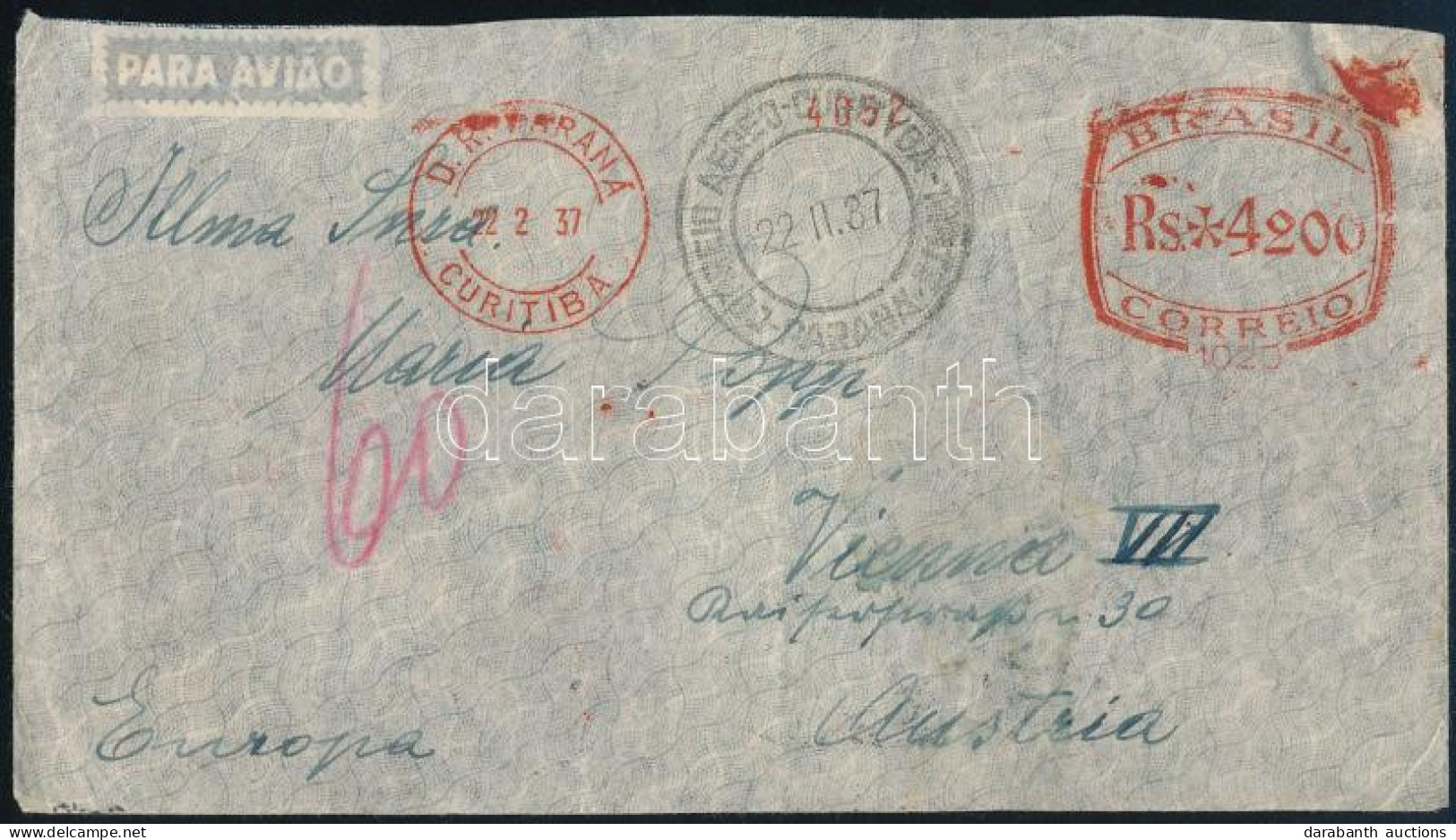 1937 Légi Levél Gépi Bérmentesítéssel Bécsbe / Airmail Cover With Frankotyp Franking To Vienna - Other & Unclassified