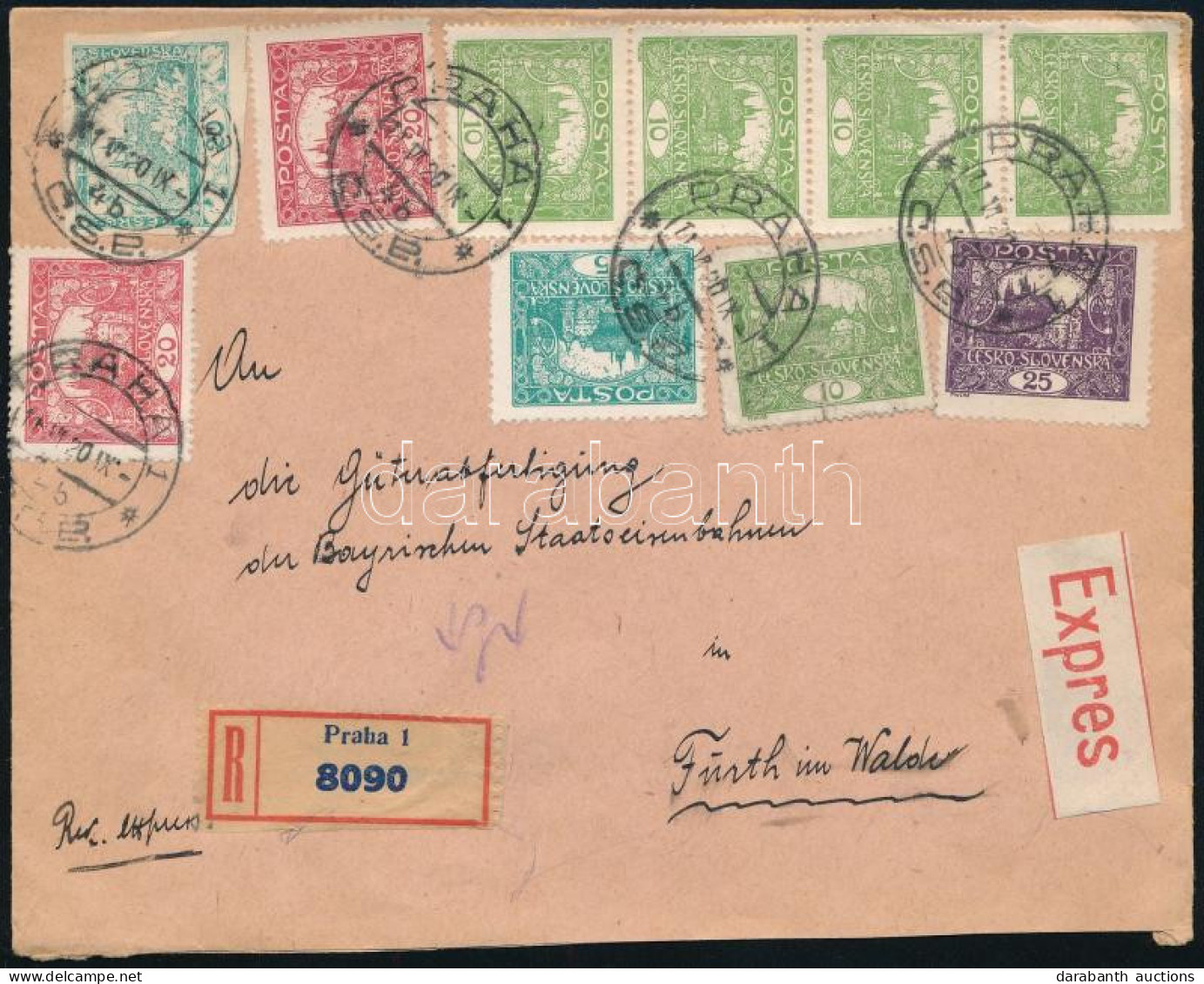 1920 Ajánlott Expressz Levél 10 Db Bélyeggel Bérmentesítve / Registered Express Cover With 10 Stamp "PRAHA" - Sonstige & Ohne Zuordnung