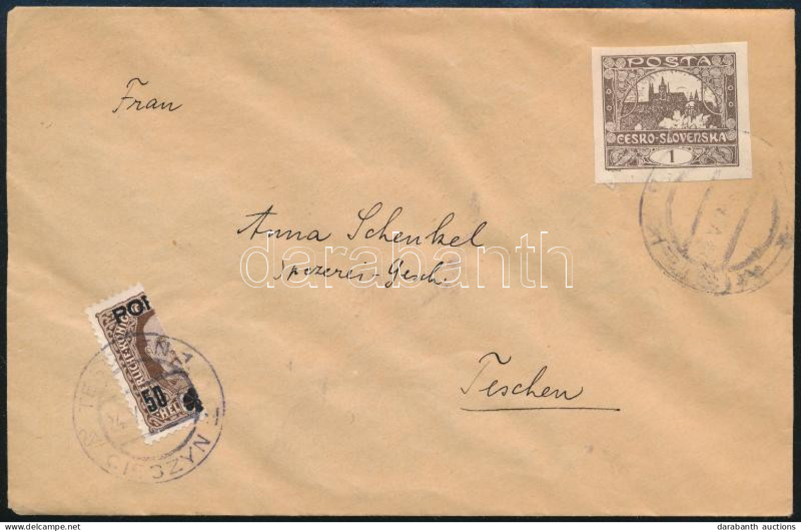 ~1920 Levél Vágott Csehszlovák Bélyeggel Teschenbe, Felezett Portó Bélyeggel / Cover With Imperforate Czechoslovak Stamp - Andere & Zonder Classificatie