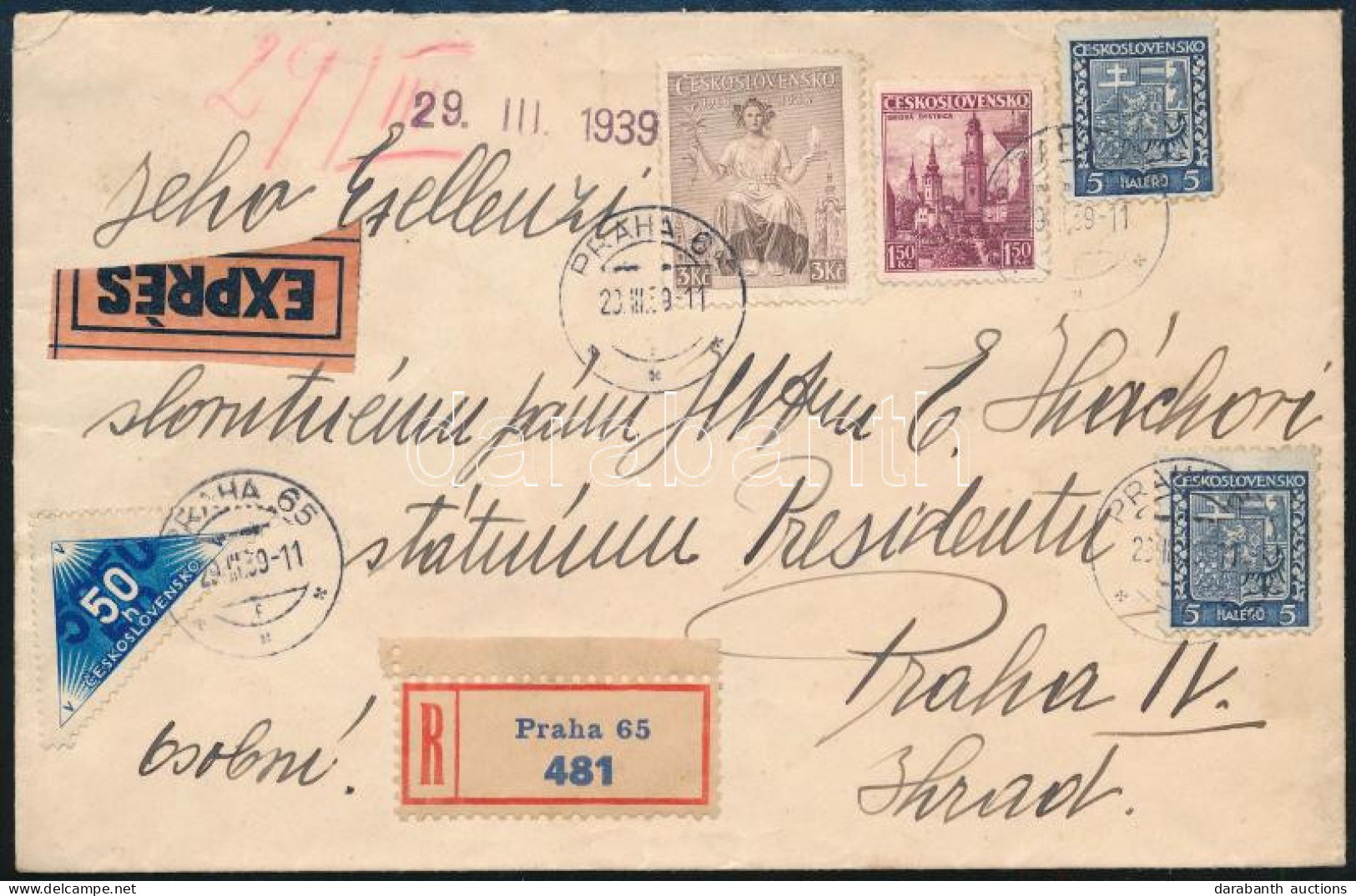 1939 Ajánlott Expressz Helyi Prágai Levél 5 Db Bélyeggel / Express Registered Local Cover With 5 Stamps "PRAHA" - Andere & Zonder Classificatie