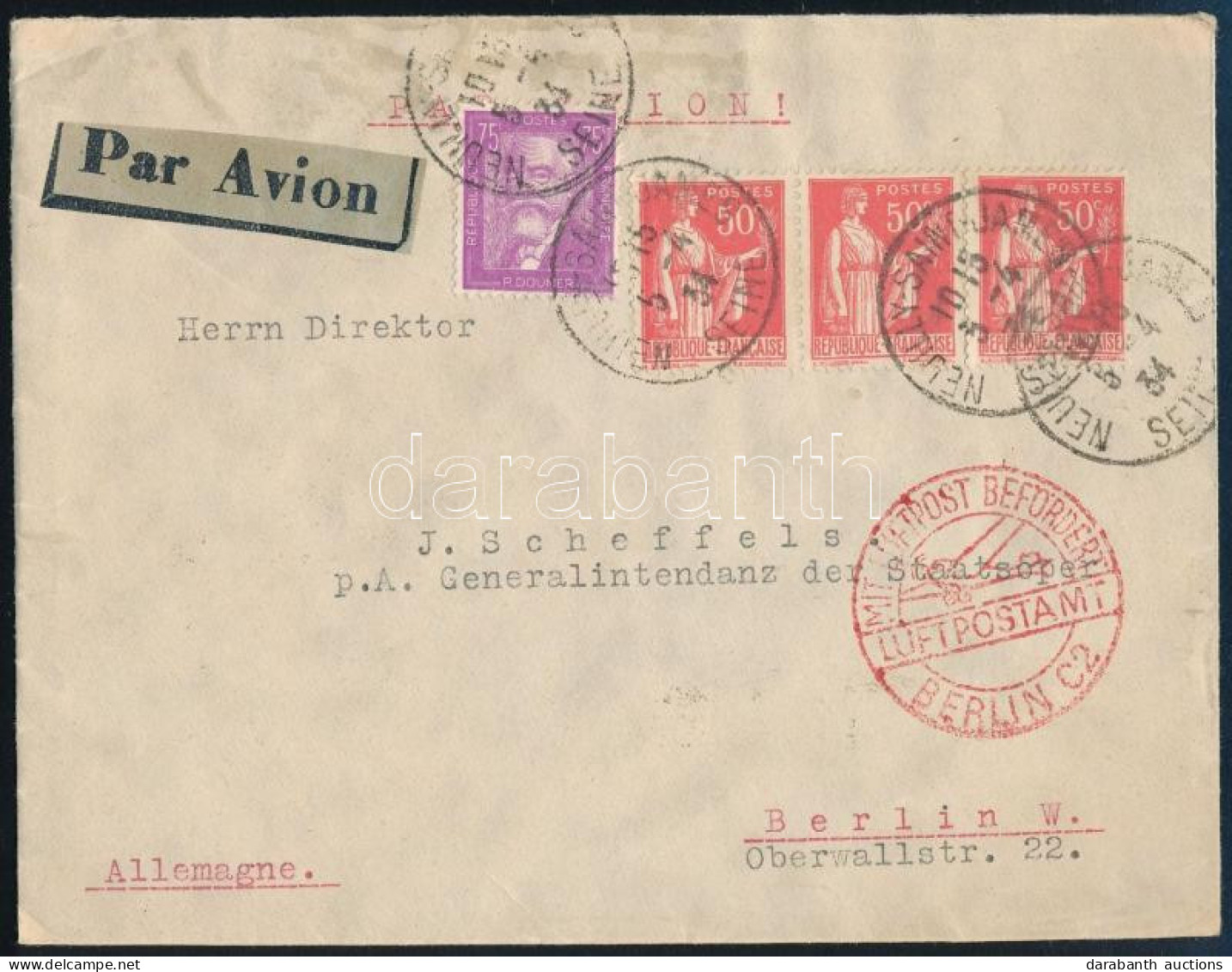 1934 Légi Levél 4 Db Bélyeggel Berlinbe Küldve / Airmail Cover To Berlin "NEUILLY SAINT JAMES" - Autres & Non Classés