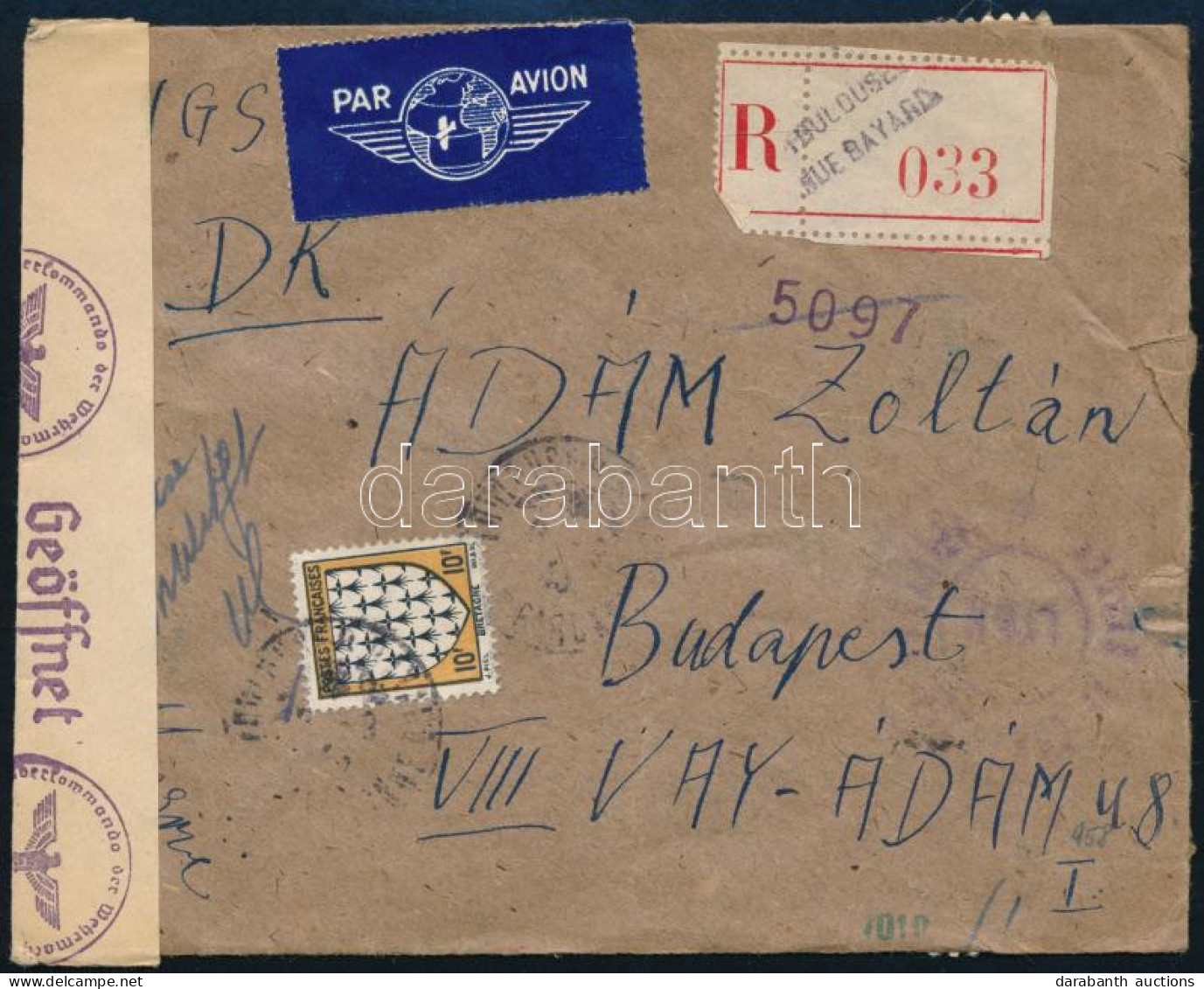 1943 Cenzúrázott Légi Ajánlott Levél Budapestre / Censored Airmail Registered Cover To Budapest - Andere & Zonder Classificatie