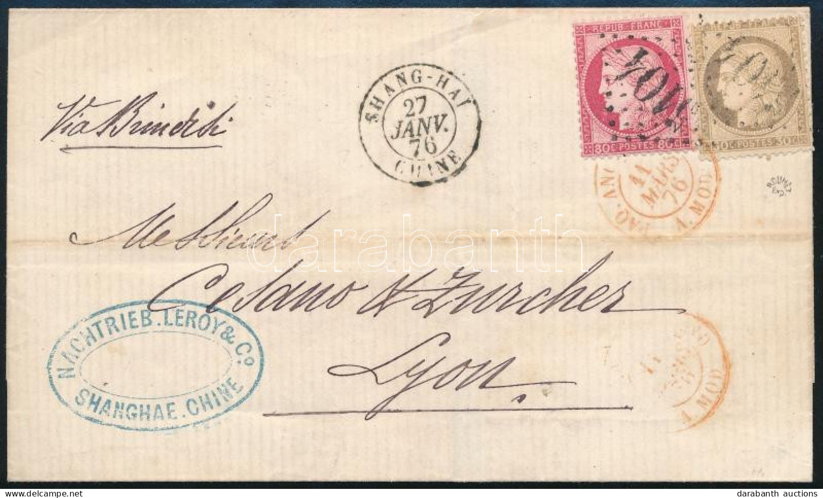 Kína 1876 Levél Kék Cégbélyegzéssel Shanghaiból Lyonba / Cover From Shanghai To Lyon With Blue Business Postmark. Signed - Autres & Non Classés