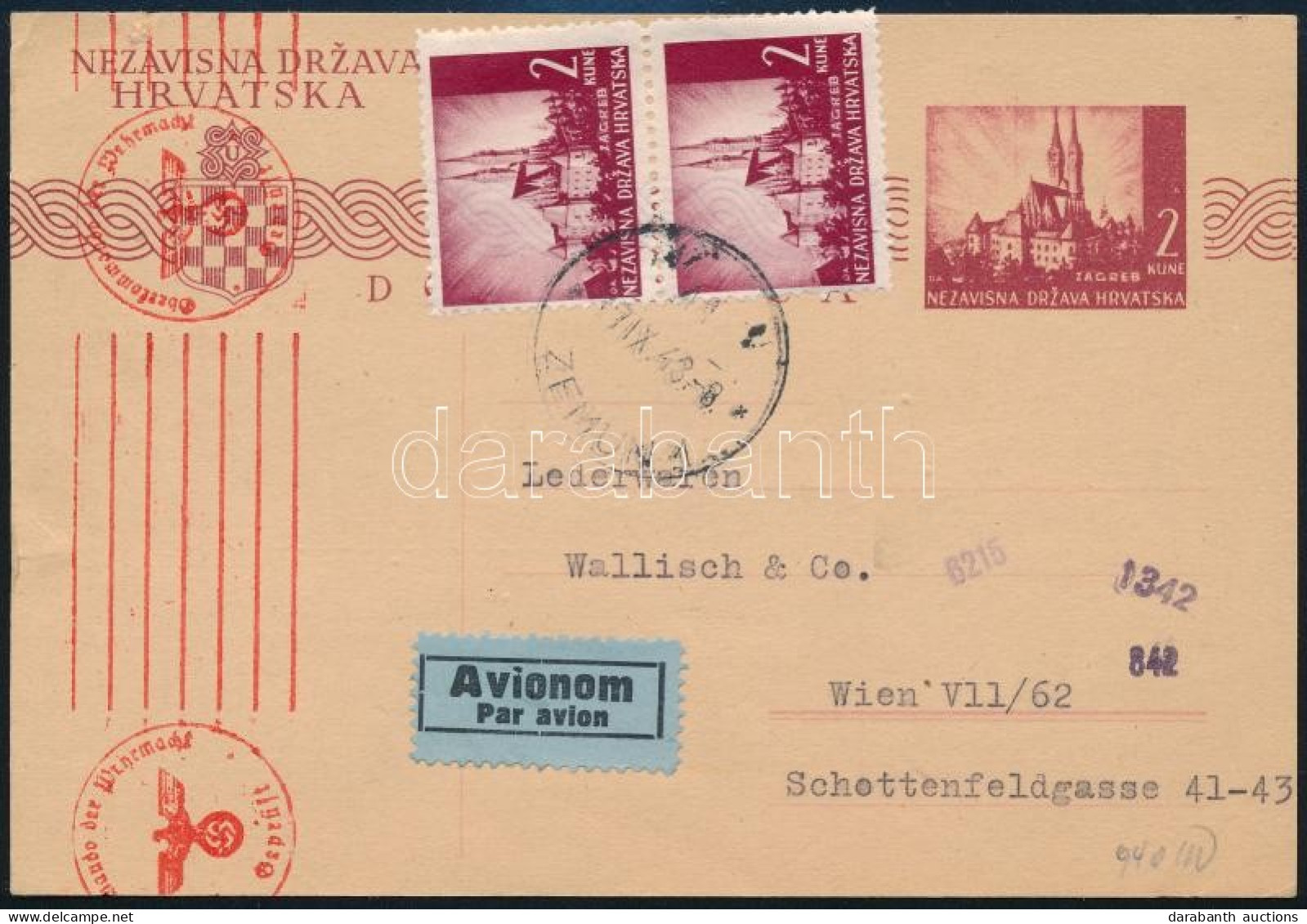1943 Cenzúrázott Légiposta 2 Kuna Díjjegyes Levelezőlap + 2 X 2 Kuna Díjkiegészítéssel / Censored Airmail PS-card With A - Other & Unclassified